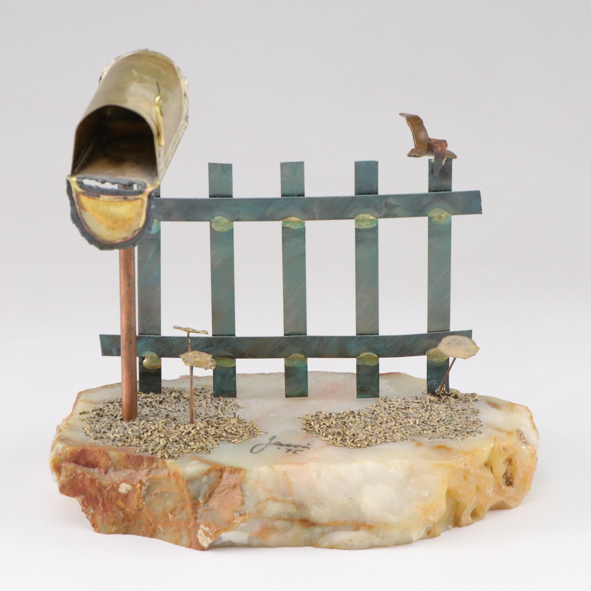 Mario Jason "Mailbox, Fence and Bird" Metal Sculpture on Stone Base, 1975