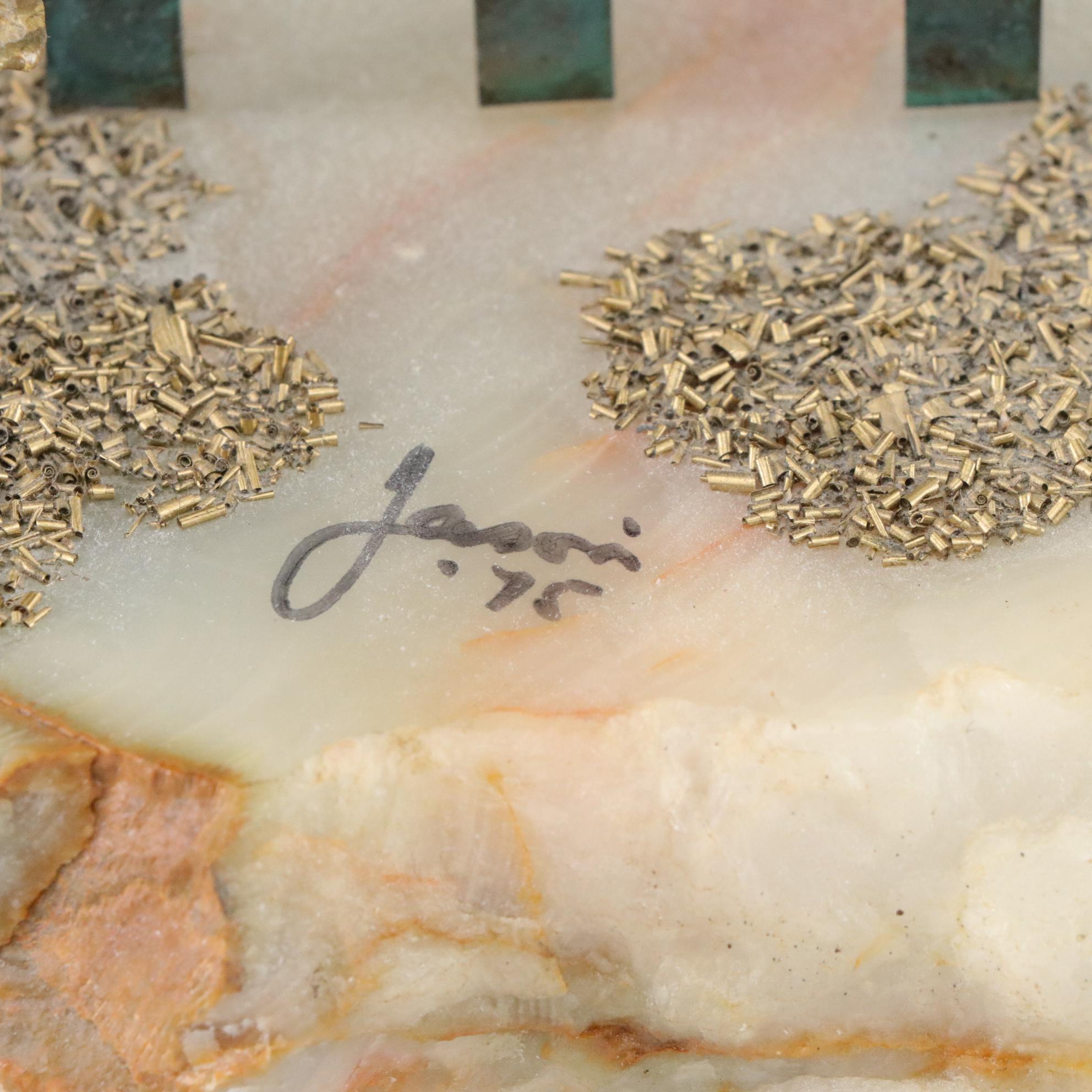 Mario Jason "Mailbox, Fence and Bird" Metal Sculpture on Stone Base, 1975