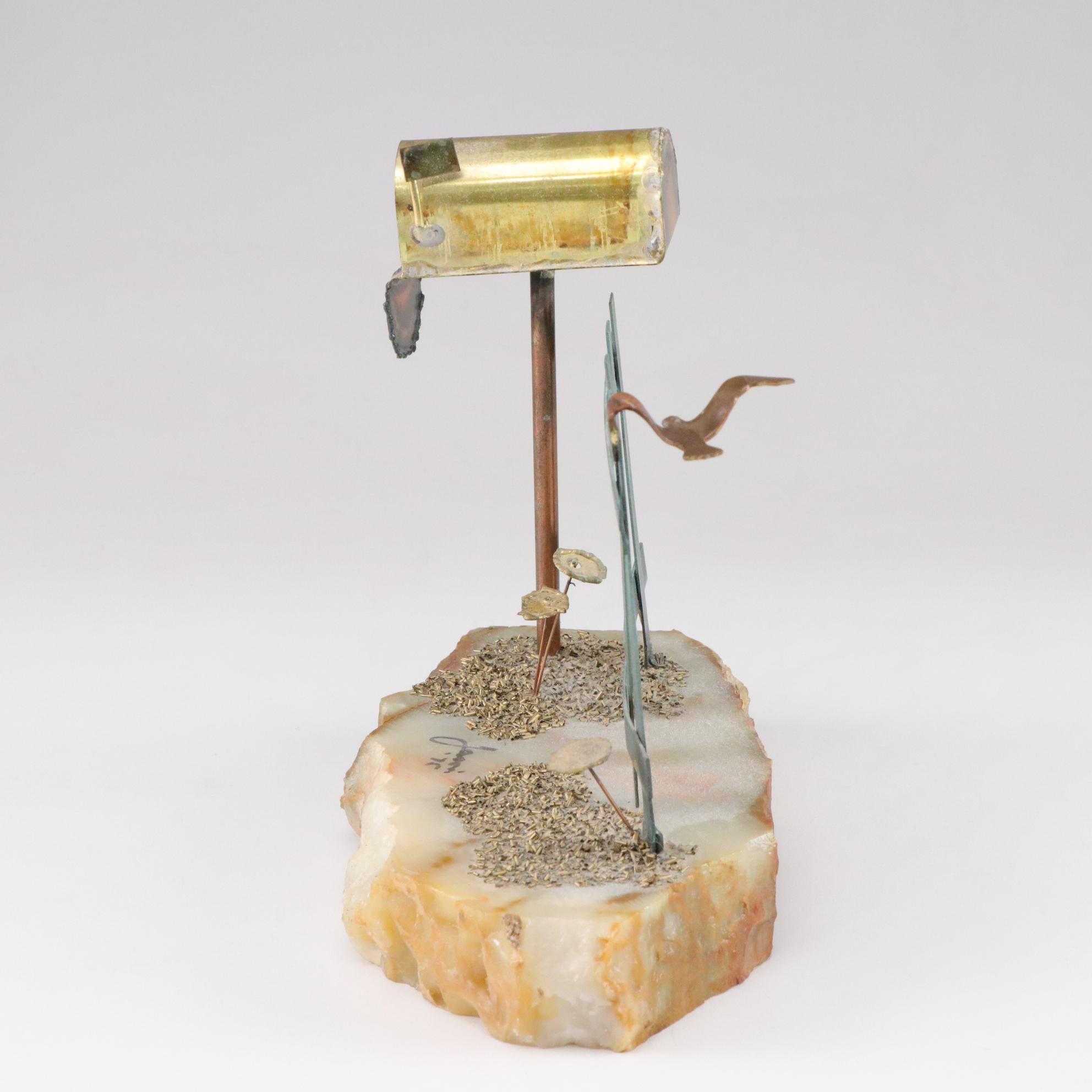 Mario Jason "Mailbox, Fence and Bird" Metal Sculpture on Stone Base, 1975