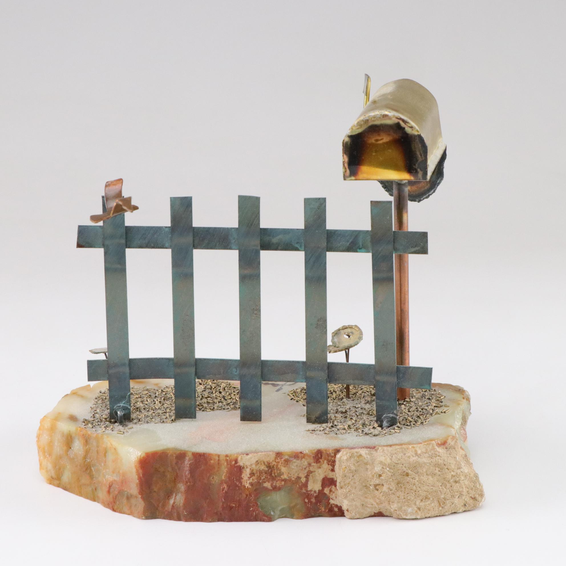 Mario Jason "Mailbox, Fence and Bird" Metal Sculpture on Stone Base, 1975