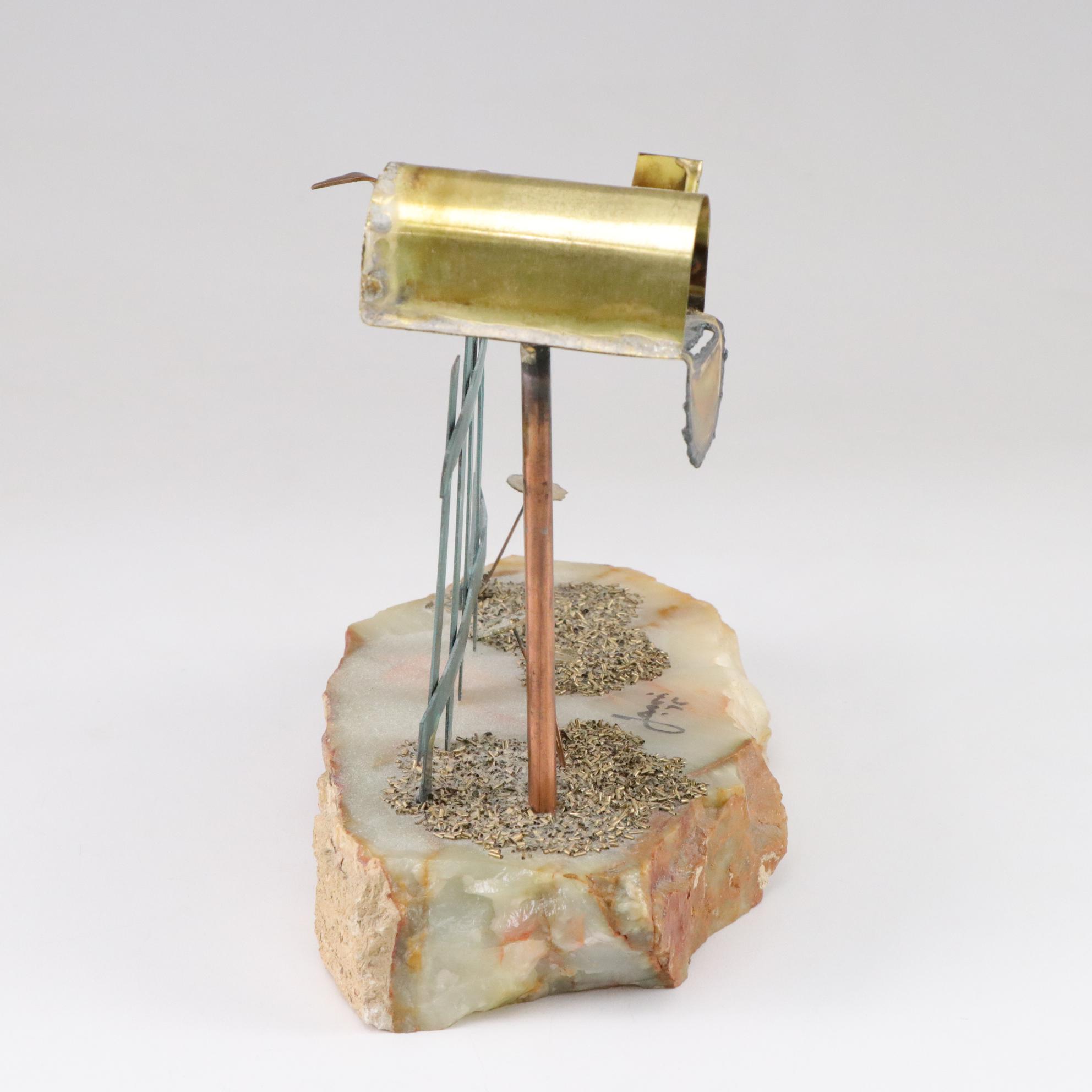 Mario Jason "Mailbox, Fence and Bird" Metal Sculpture on Stone Base, 1975