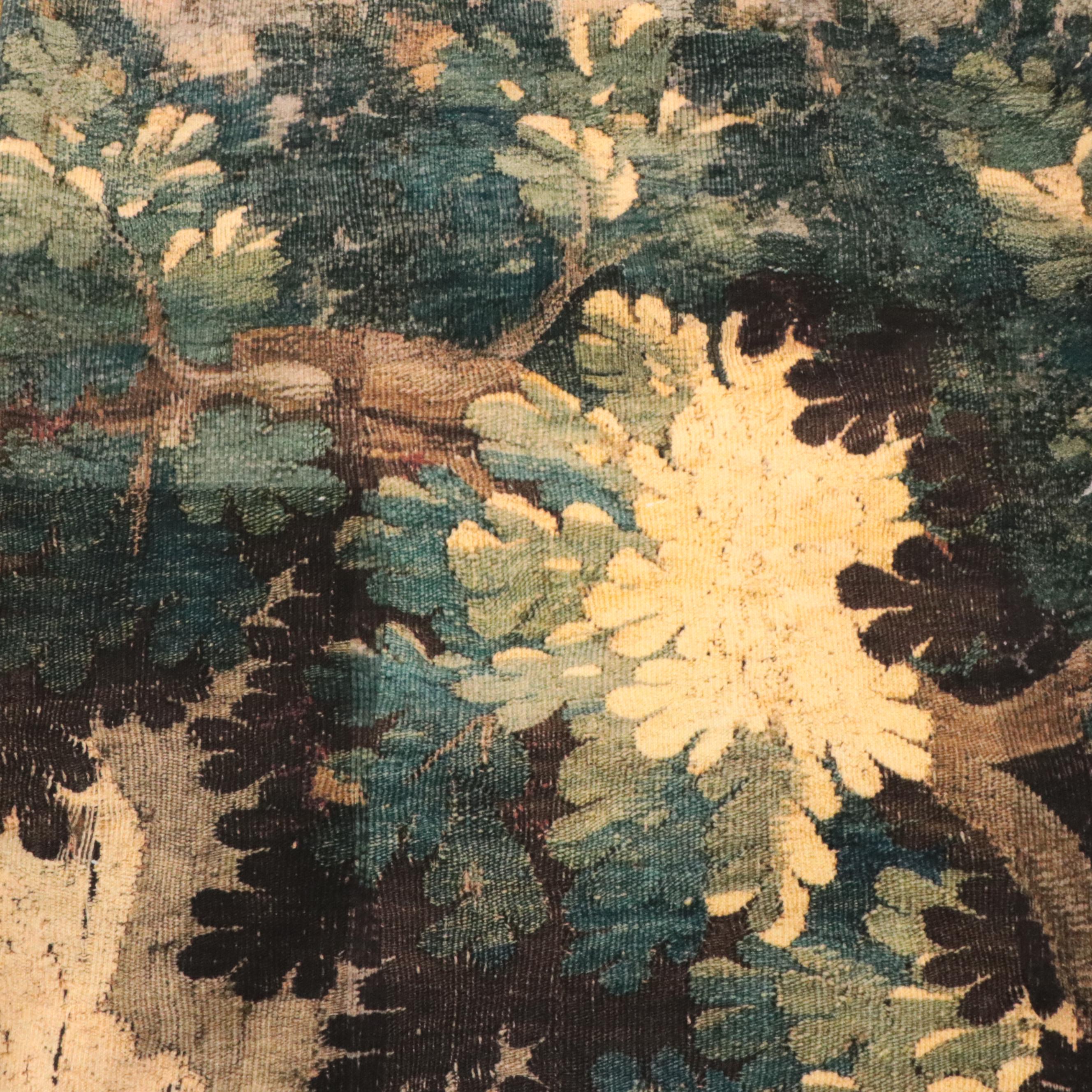 Antique French Verdure Style Tapestry with Wall Hanger Hardware