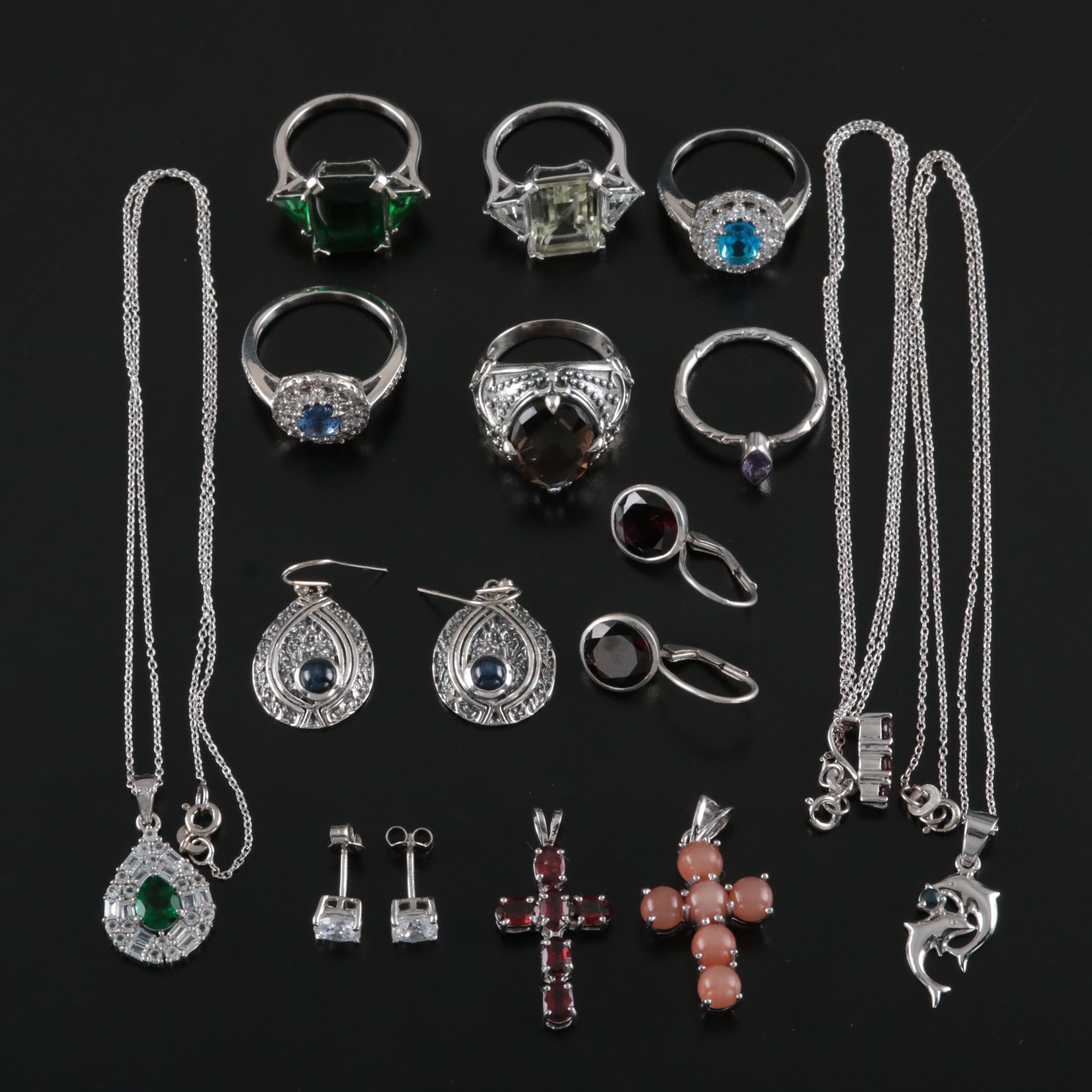 14 Assorted Sterling Silver Rings, Necklaces, Earrings, and Pendants