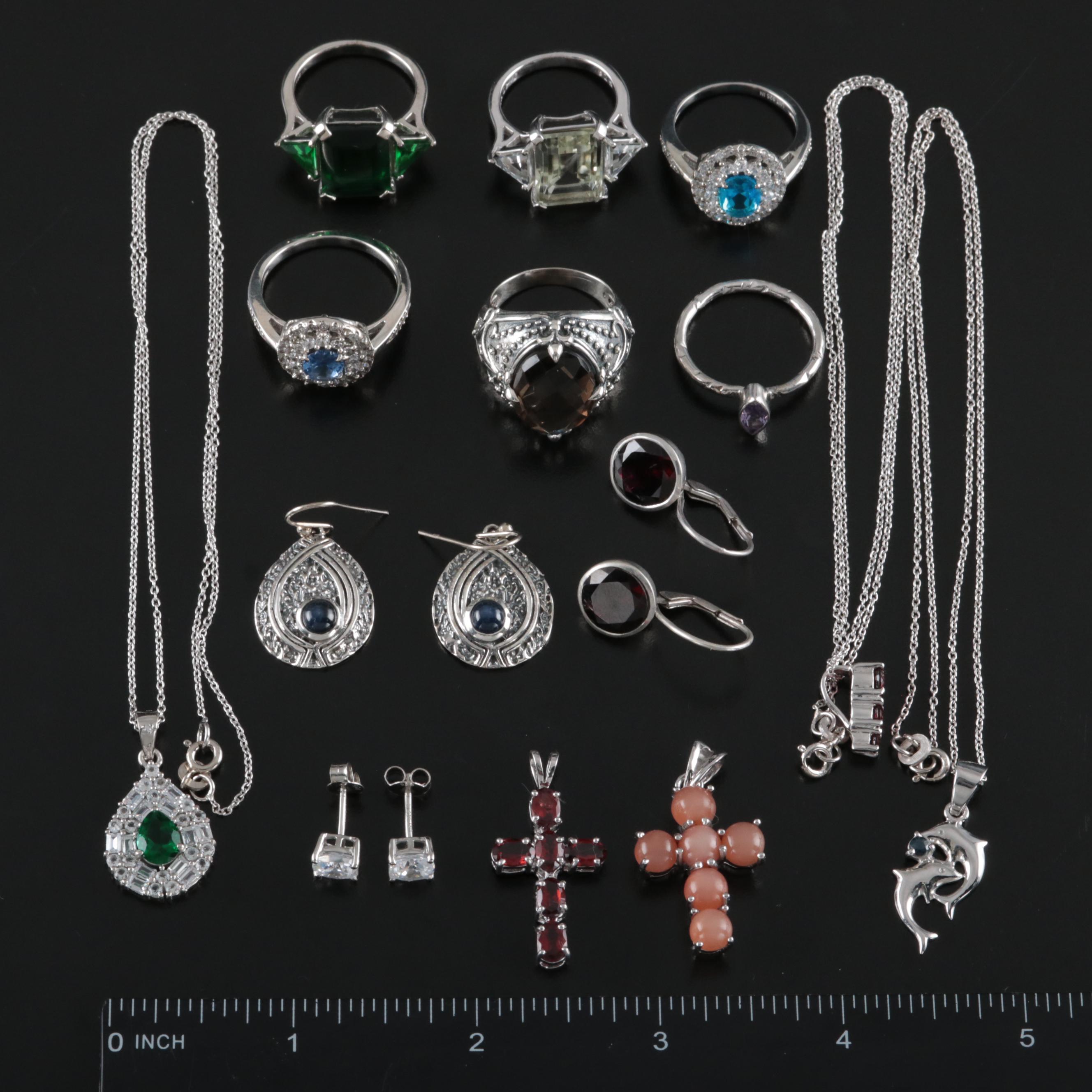 14 Assorted Sterling Silver Rings, Necklaces, Earrings, and Pendants