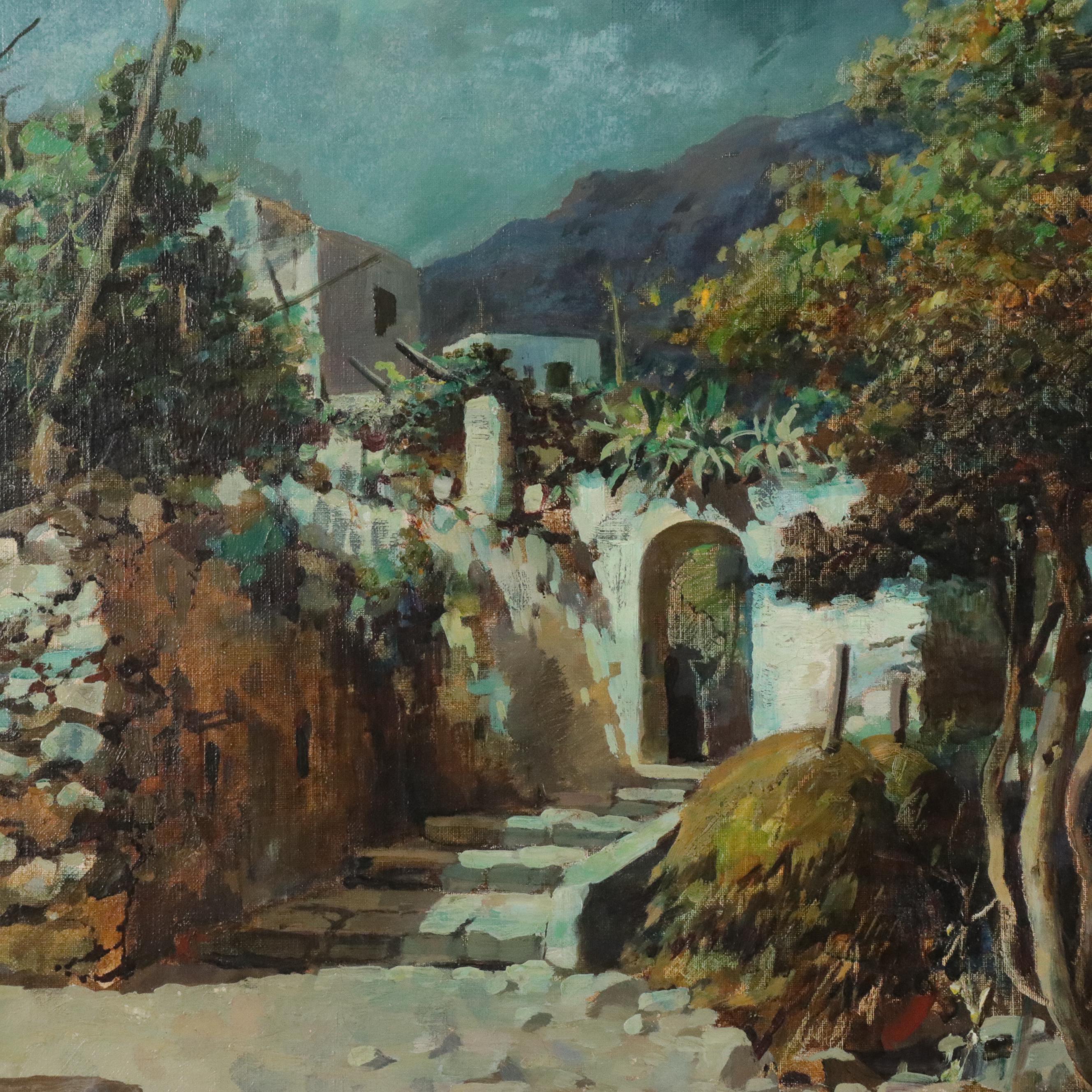 Felice Giordano Landscape Oil Painting with Italian Villa at Night