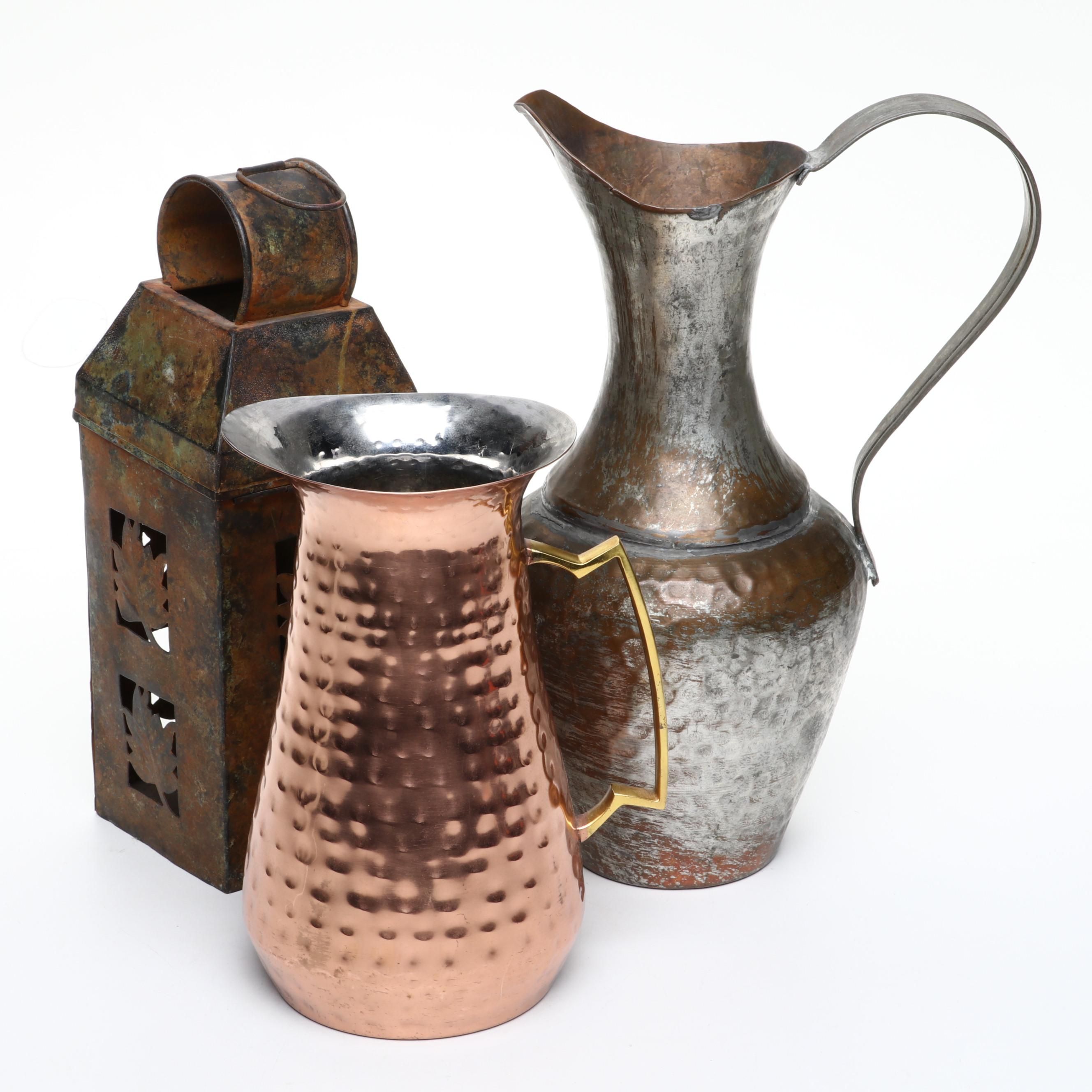 Hammered Metal Pitchers with Leaf Cutout Lantern
