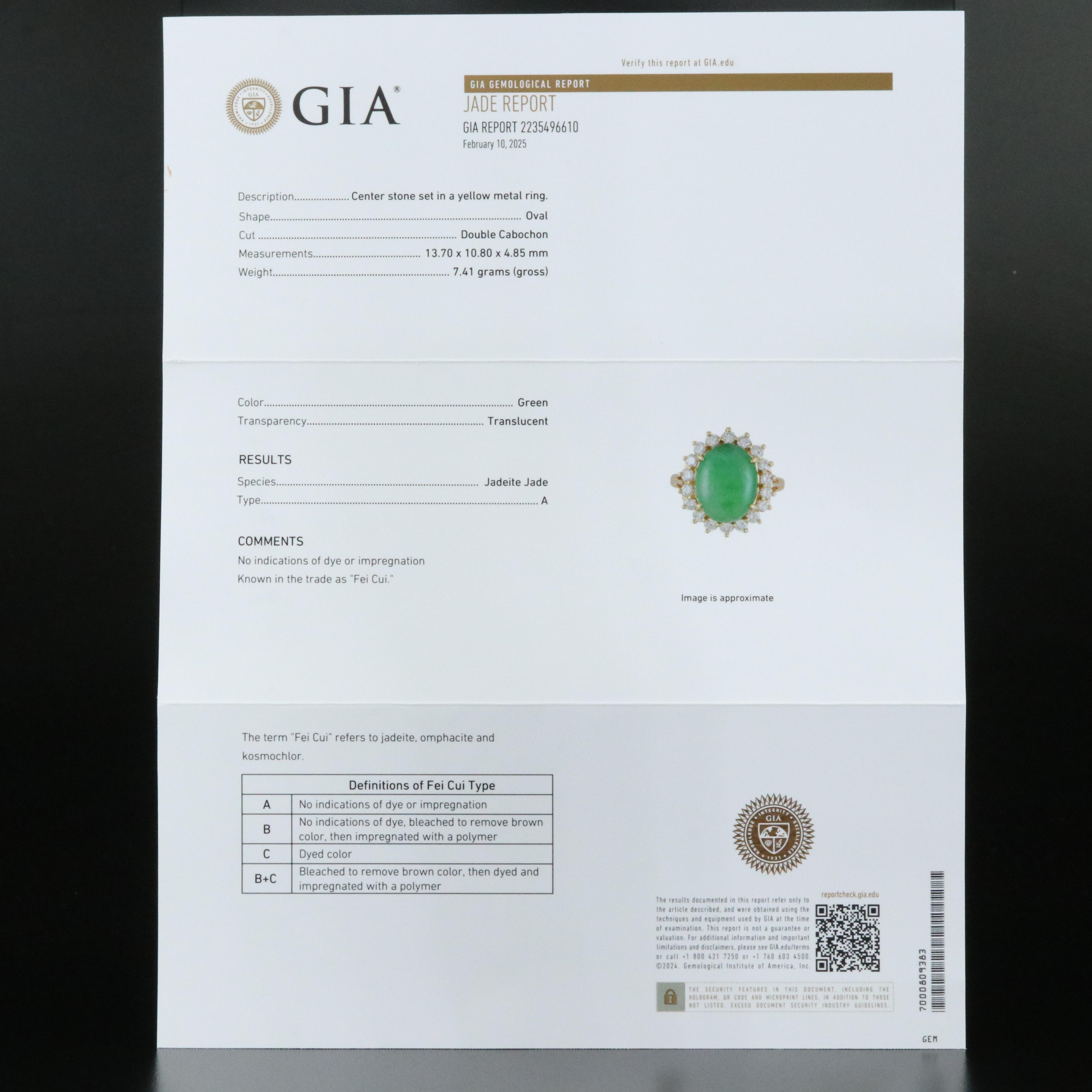 14K 6.36 CT Fei Cui Jadite and Diamond Ring with GIA Report