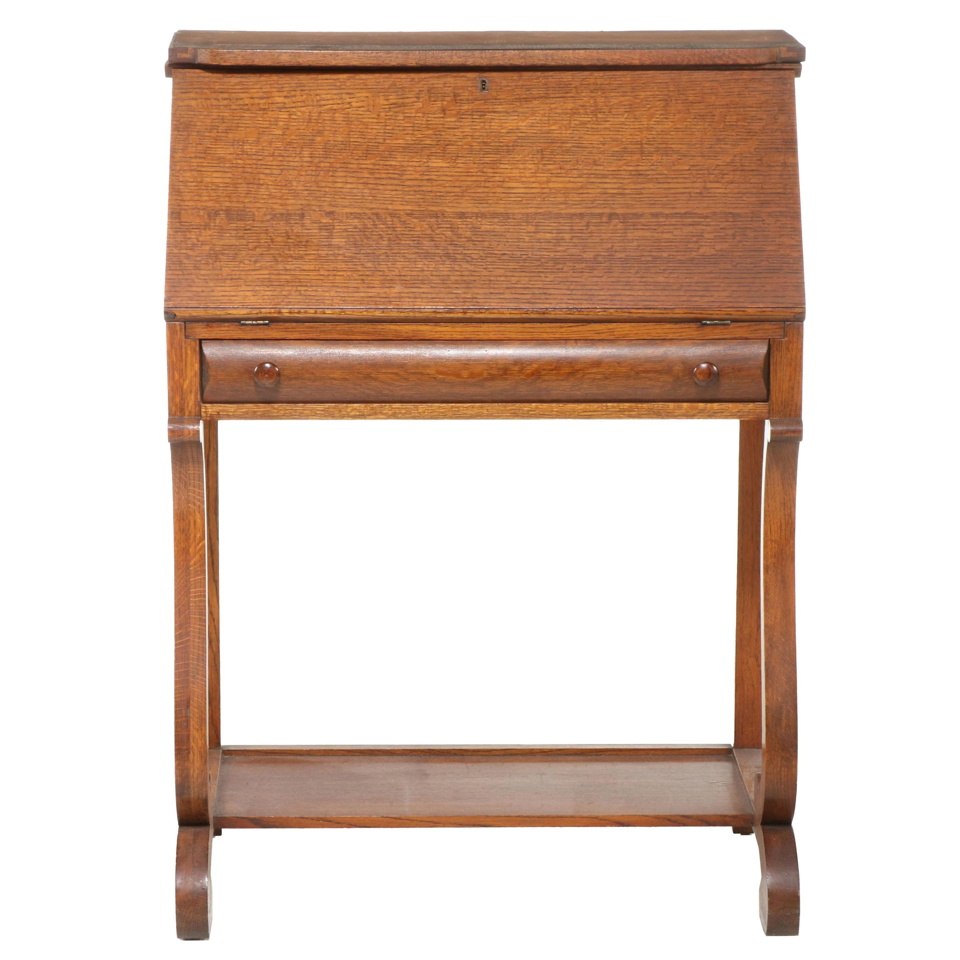 American Empire Revival Quartersawn Oak Drop-Front Desk, Early 20th Century