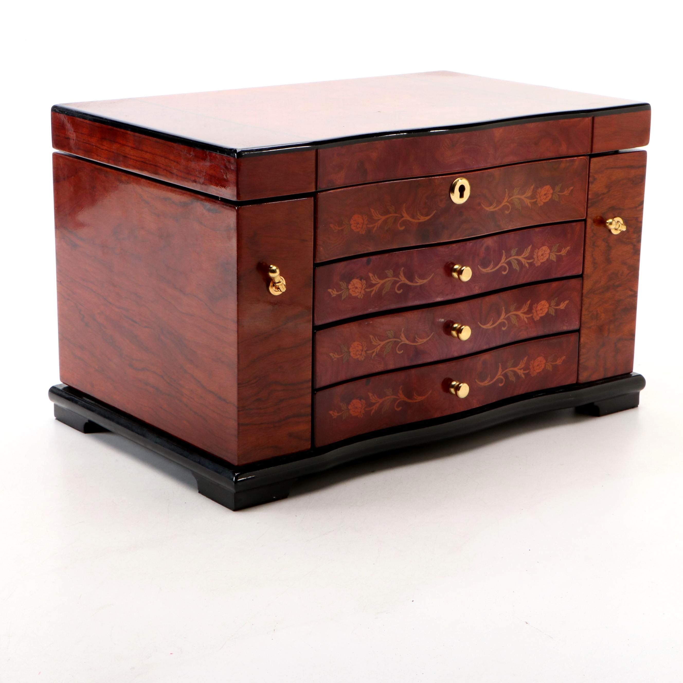 Lacquer Faux Rosewood Jewelry Chest with Scrolling Printwork