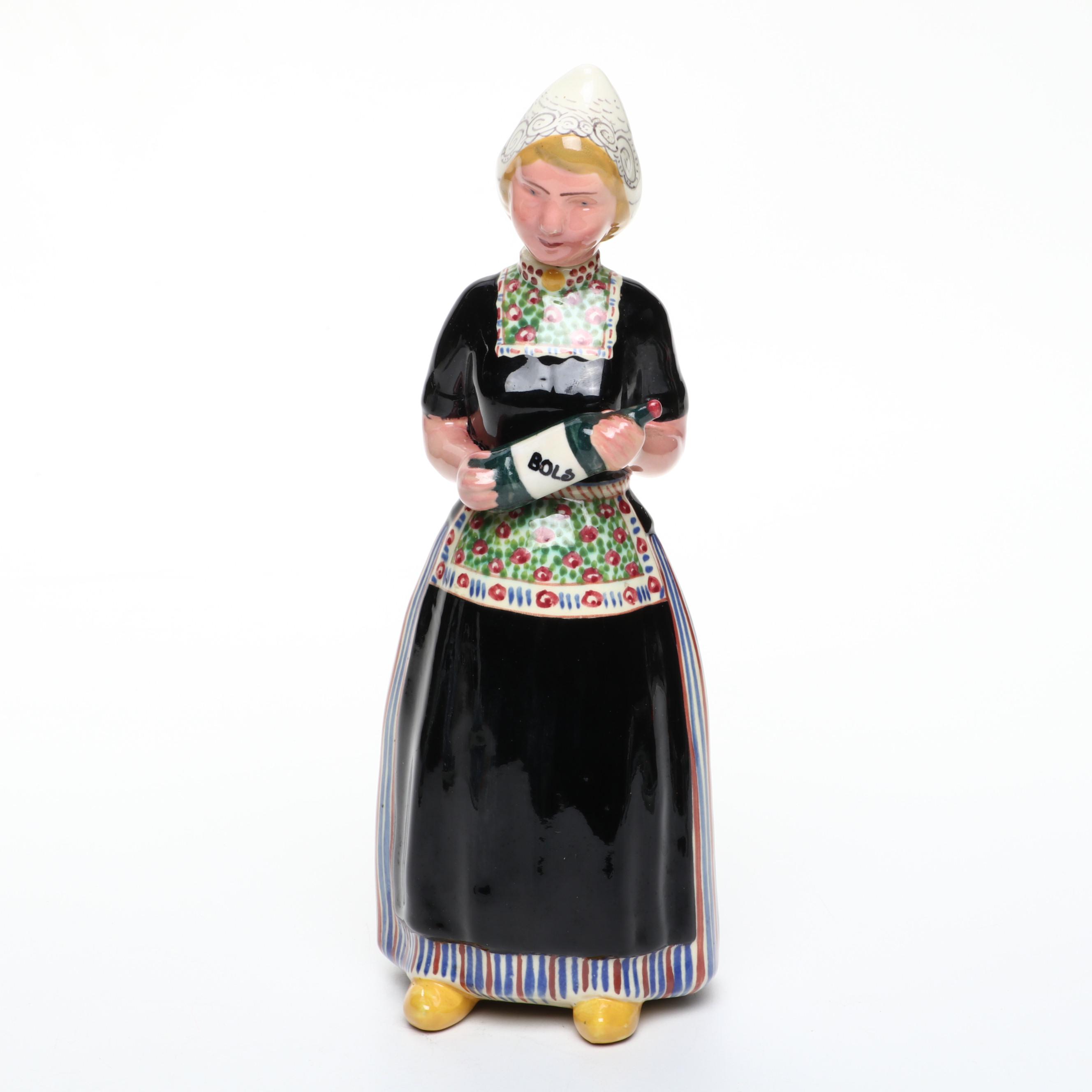 Bols Dutch Girl Decanter with Delft Blue Trays, Egg Cups, Creamer and Sugar Bowl