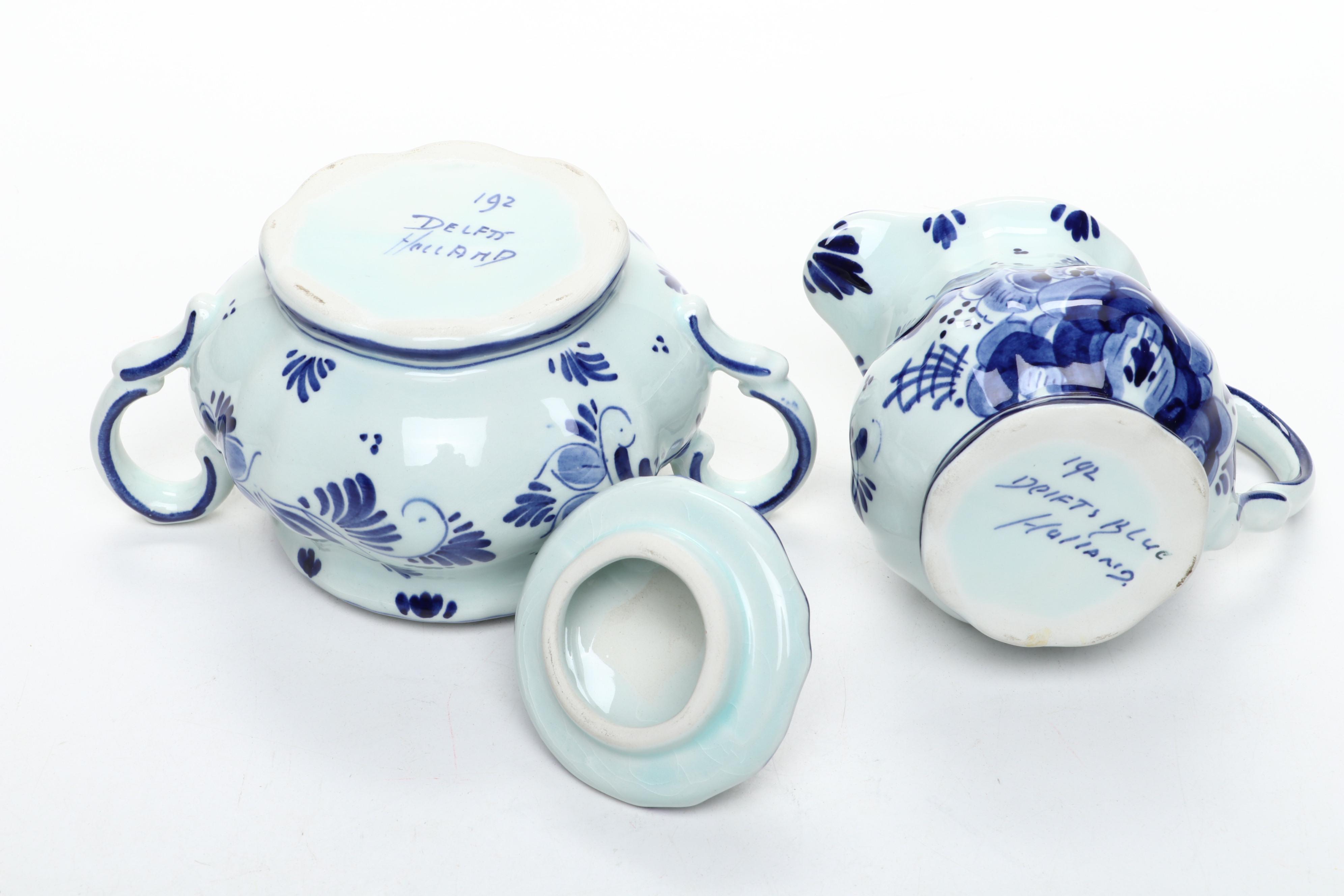 Bols Dutch Girl Decanter with Delft Blue Trays, Egg Cups, Creamer and Sugar Bowl