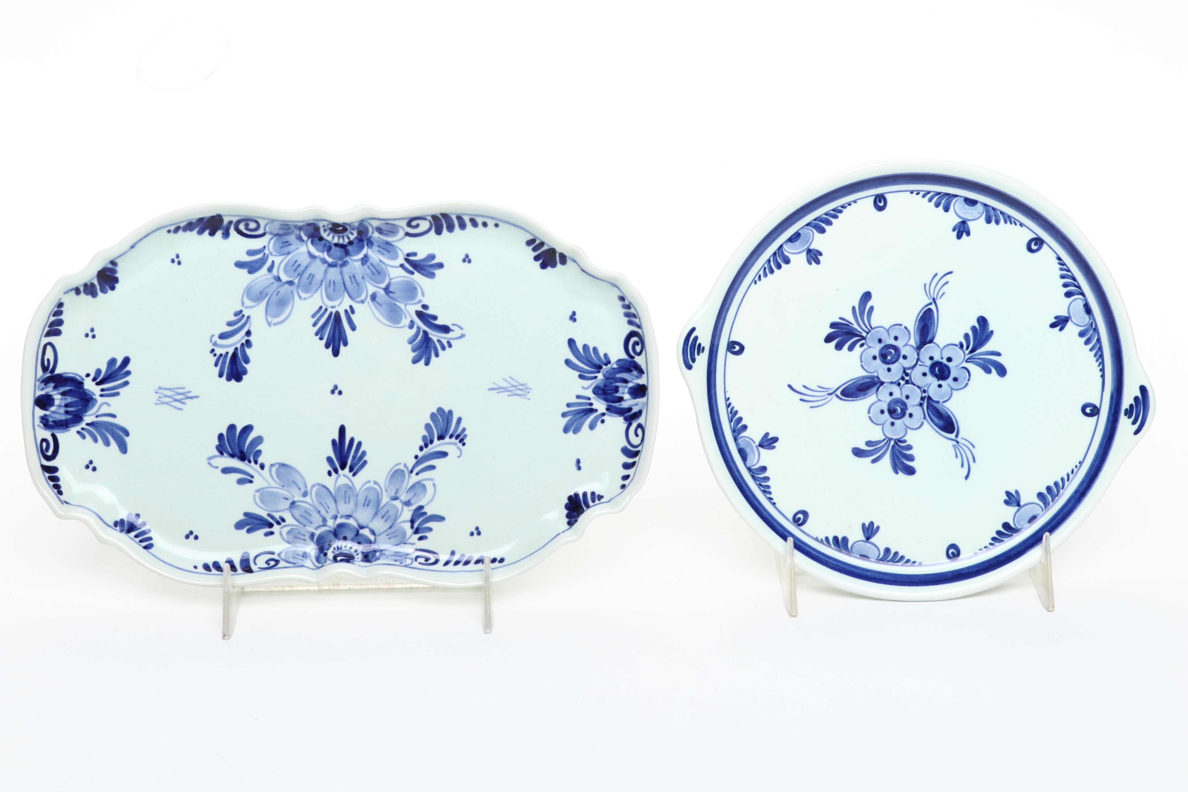 Bols Dutch Girl Decanter with Delft Blue Trays, Egg Cups, Creamer and Sugar Bowl