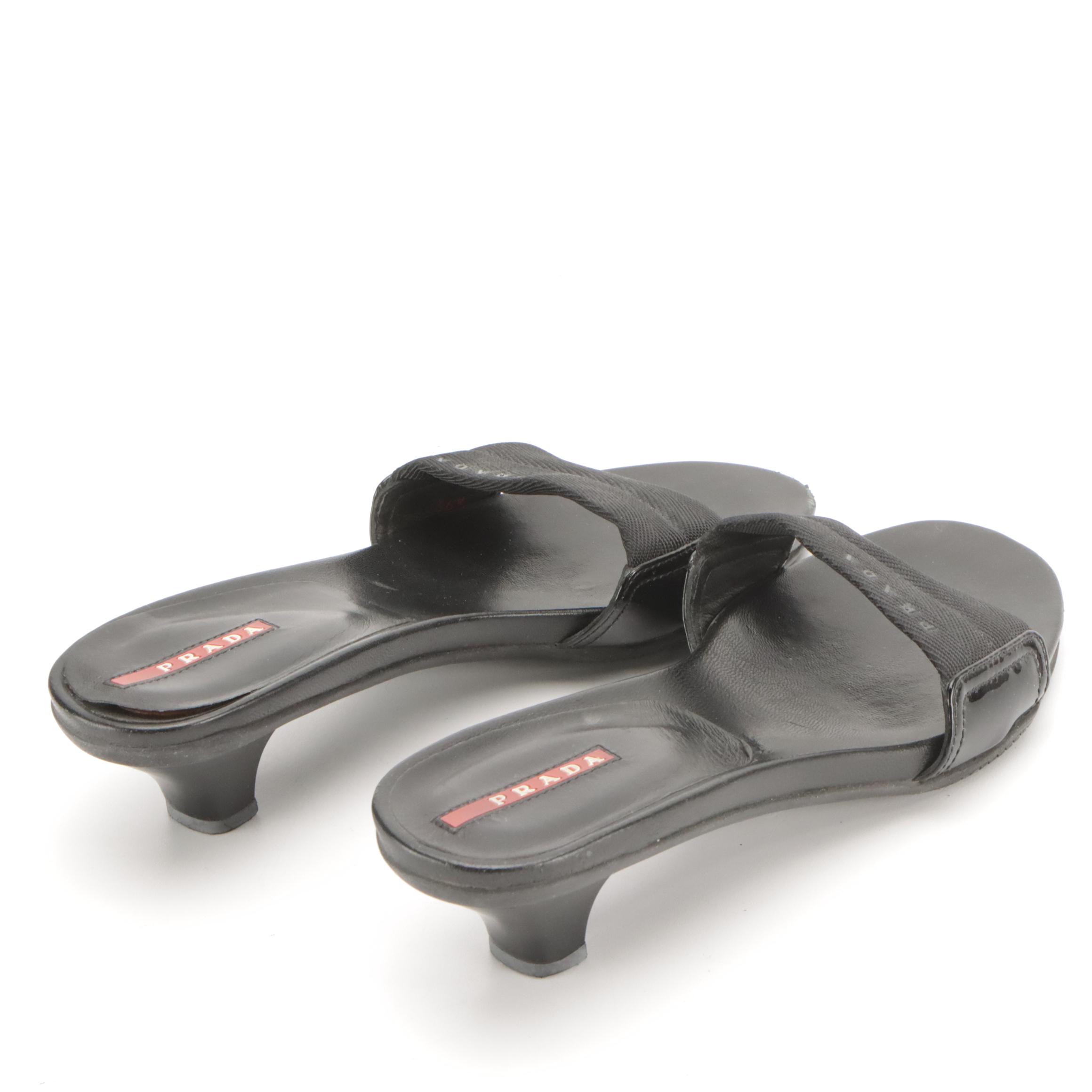 Prada Sport Kitten Heel Slide Sandals in Leather and Nylon Canvas