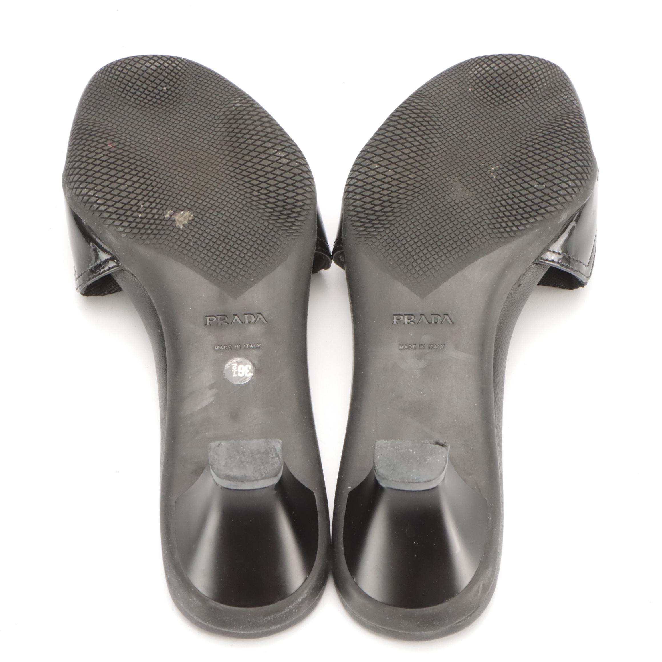 Prada Sport Kitten Heel Slide Sandals in Leather and Nylon Canvas