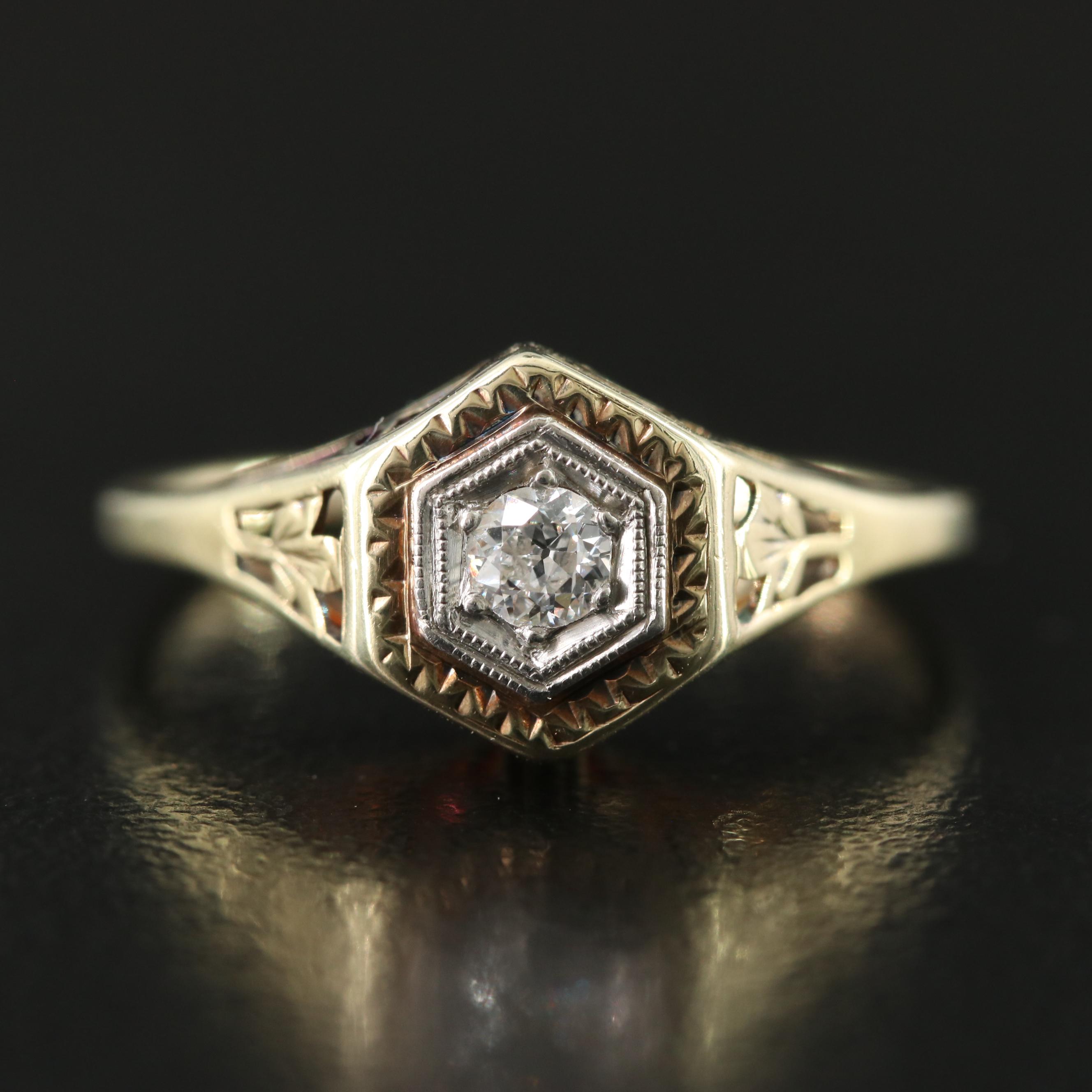 Art Deco 14K 0.12 CT Diamond Ring with Platinum Accent