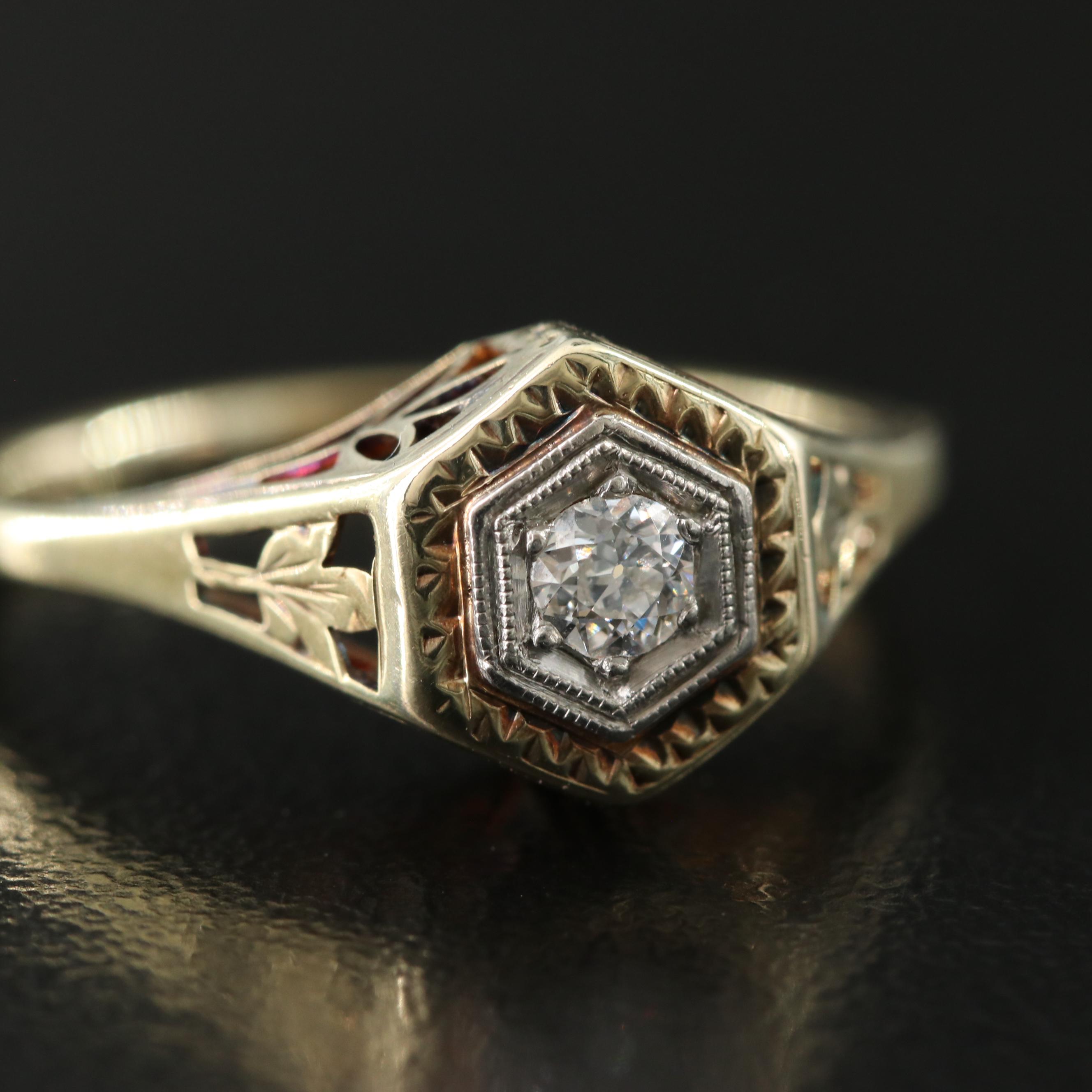 Art Deco 14K 0.12 CT Diamond Ring with Platinum Accent
