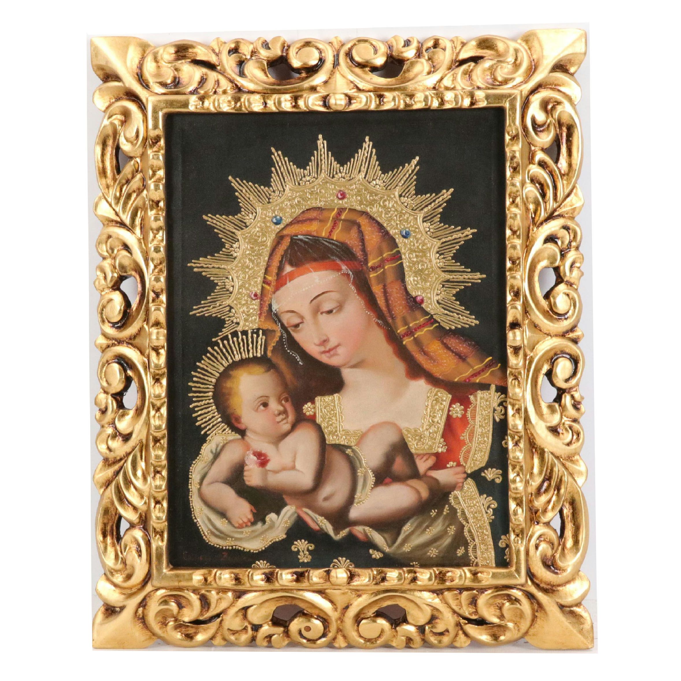 Ernesto Zuñiga Oil Painting "Virgin Mary and Jesus," Late 20th Century