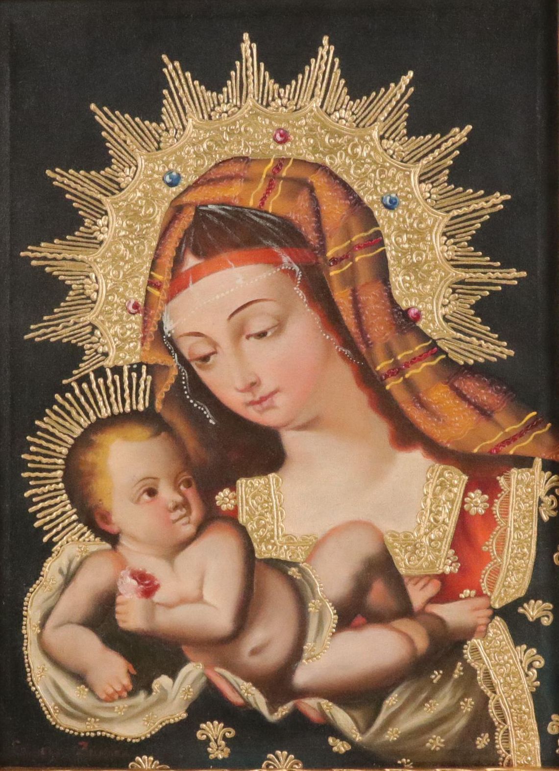 Ernesto Zuñiga Oil Painting "Virgin Mary and Jesus," Late 20th Century