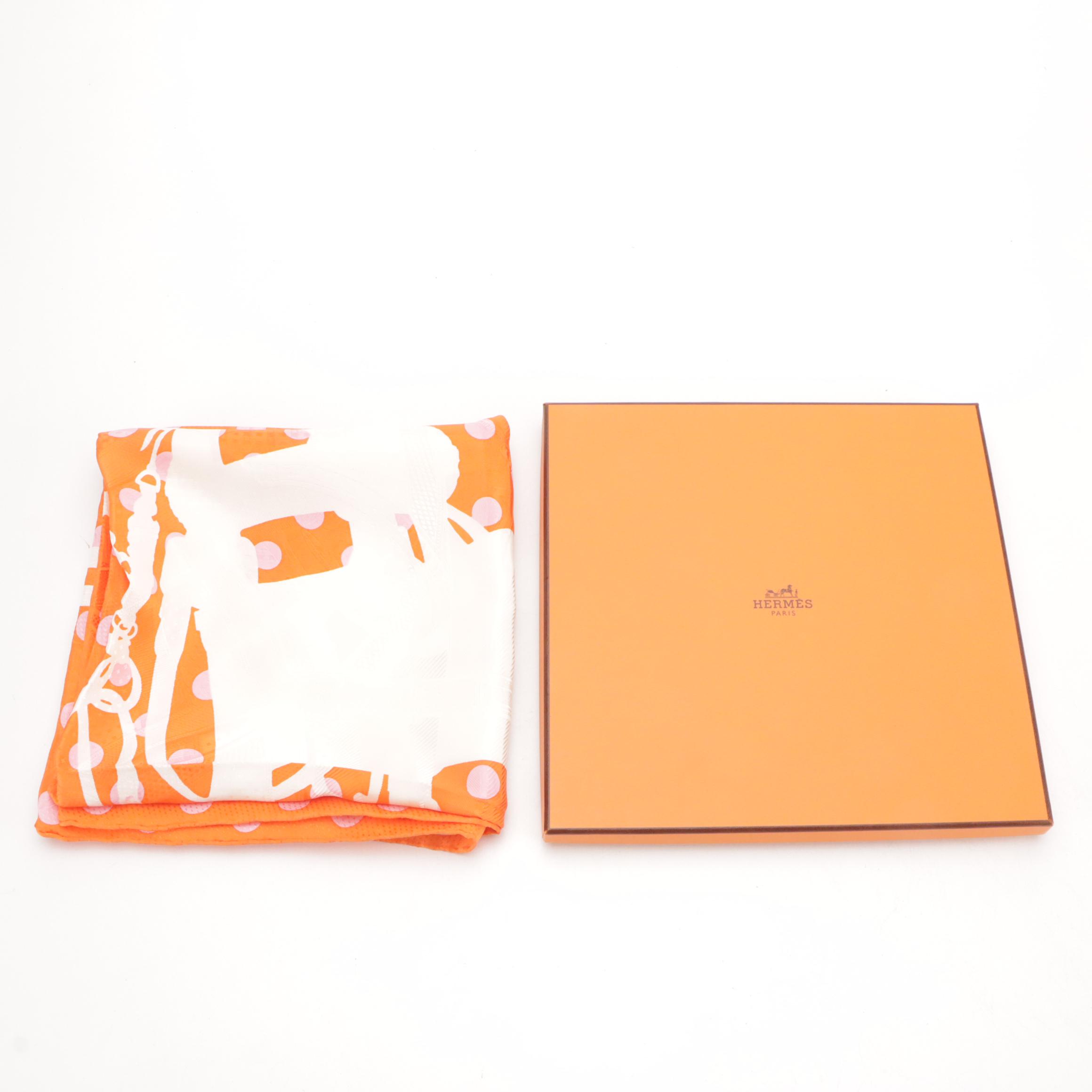 Hermès Polka-Dot "Cavalcadour" Pink and Orange Silk Jacquard Scarf 90 in Box