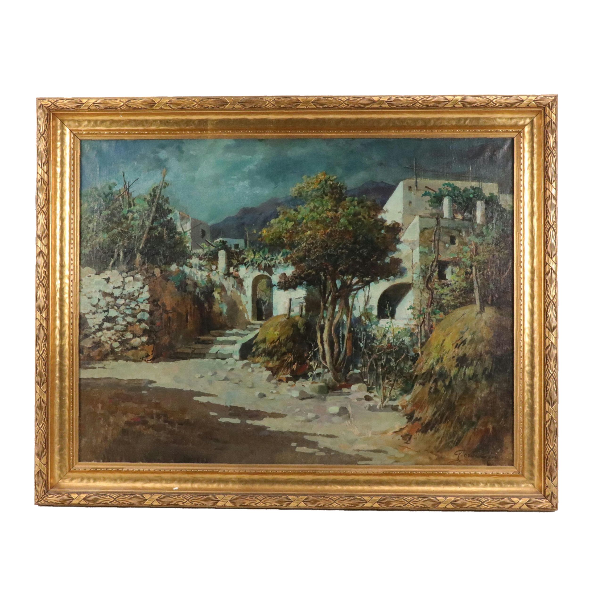 Felice Giordano Landscape Oil Painting with Italian Villa at Night