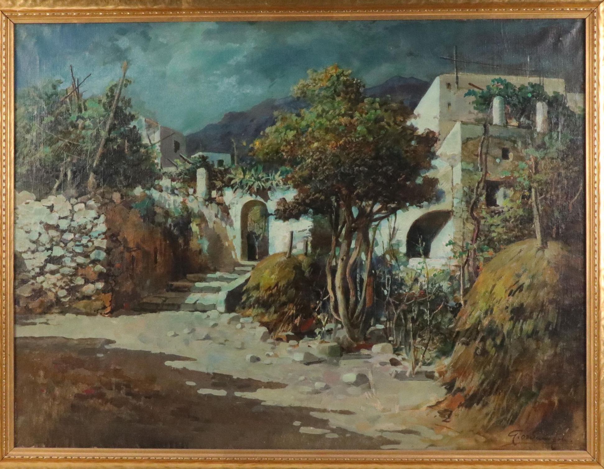 Felice Giordano Landscape Oil Painting with Italian Villa at Night