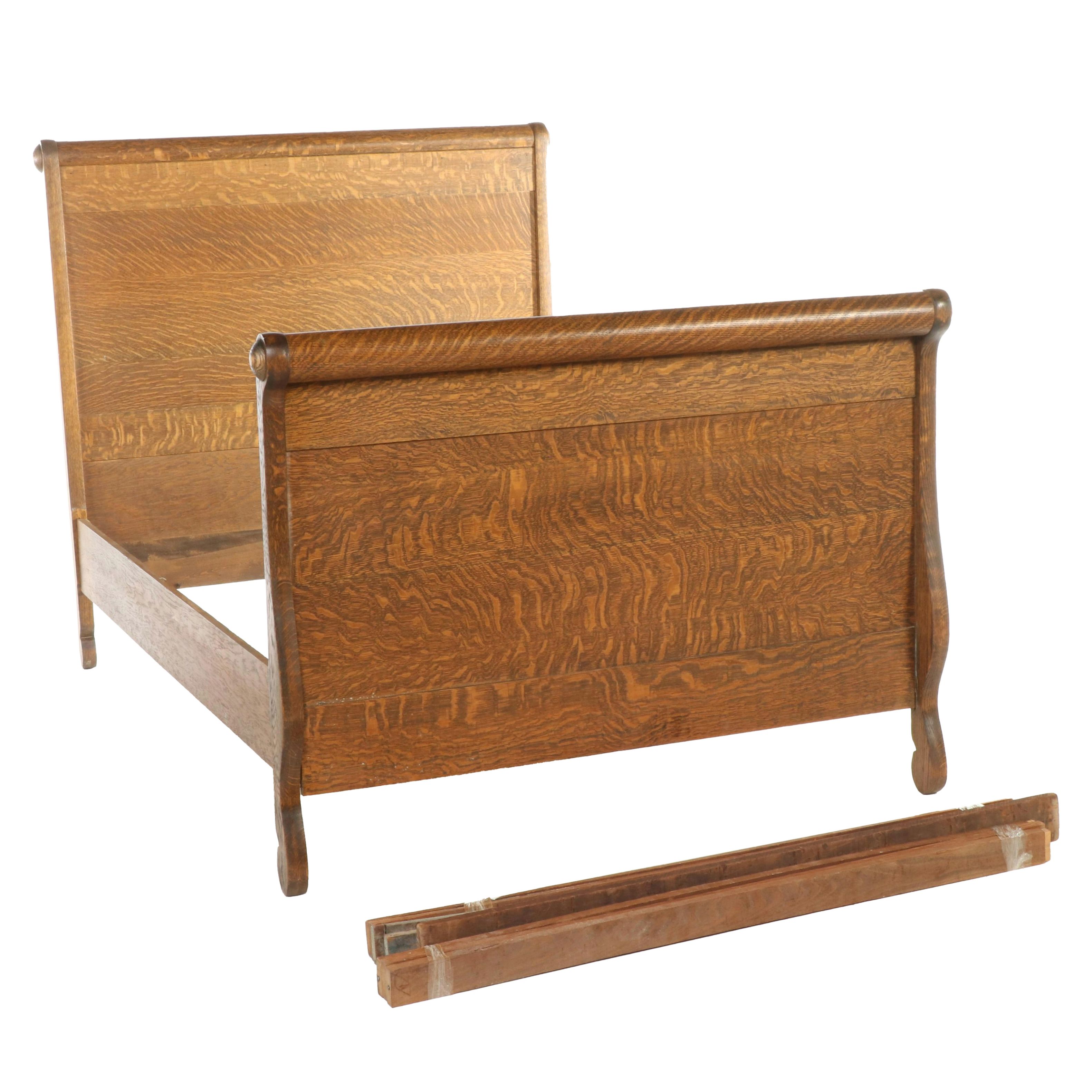 Victorian Tiger Oak Full Size Sleigh Bed, Late 19th/ Early 20th Century