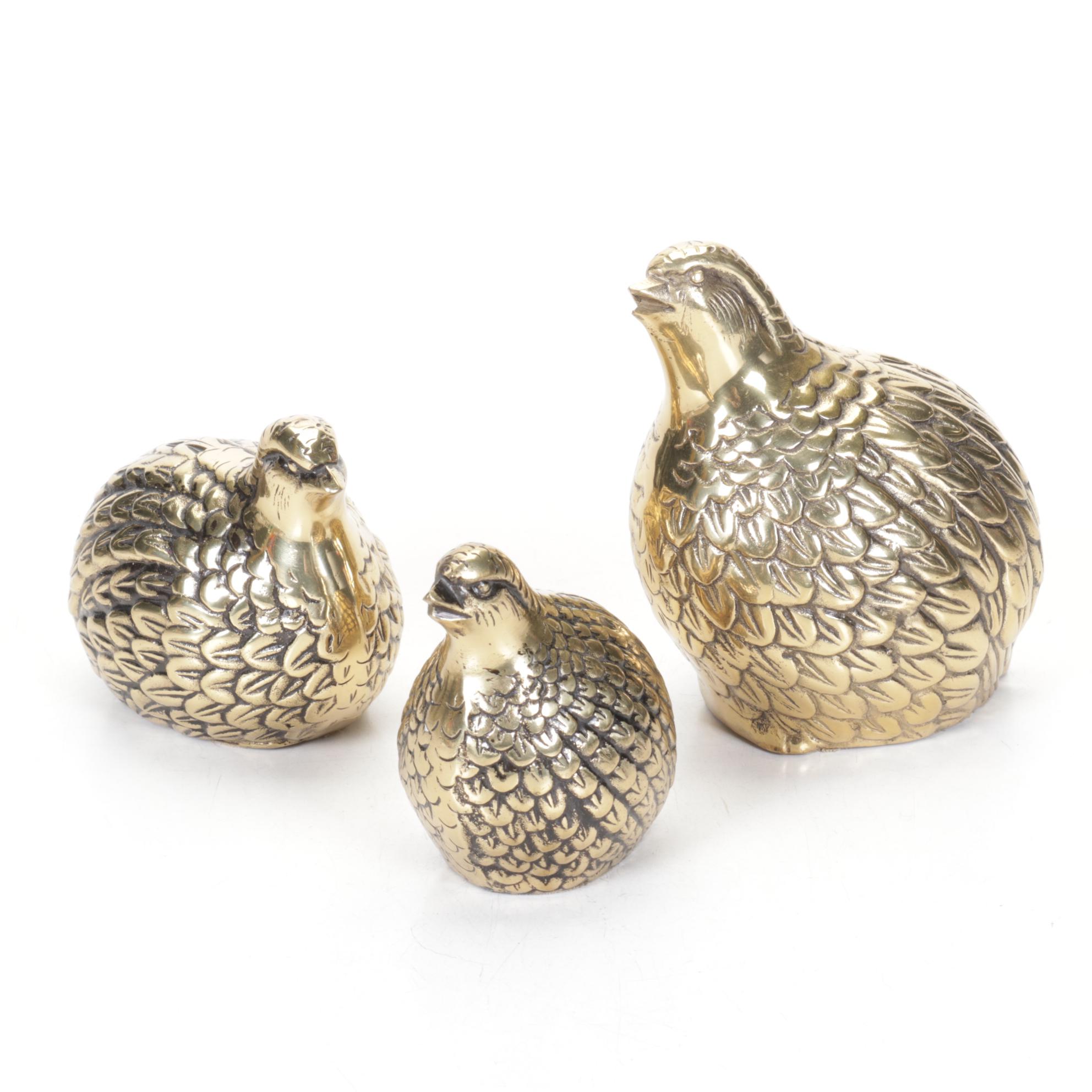 Mid Century Modern Brass Quail Family Figural Paperweights
