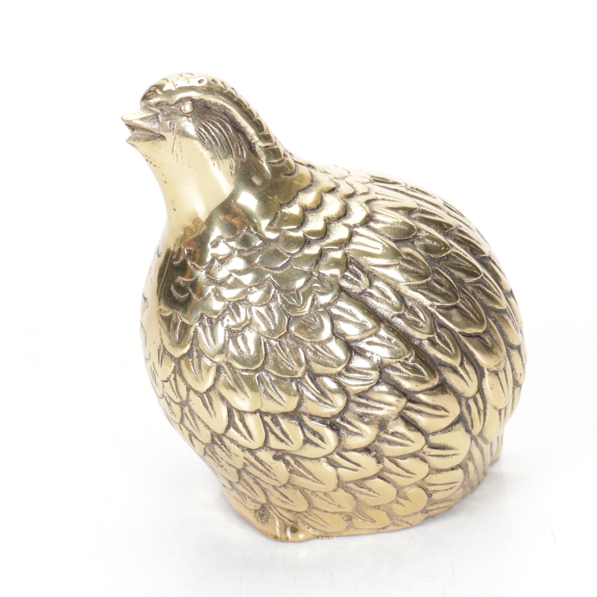 Mid Century Modern Brass Quail Family Figural Paperweights