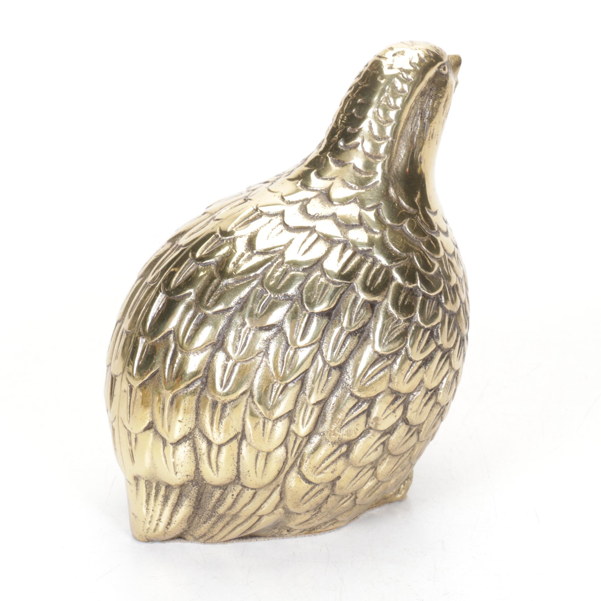 Mid Century Modern Brass Quail Family Figural Paperweights