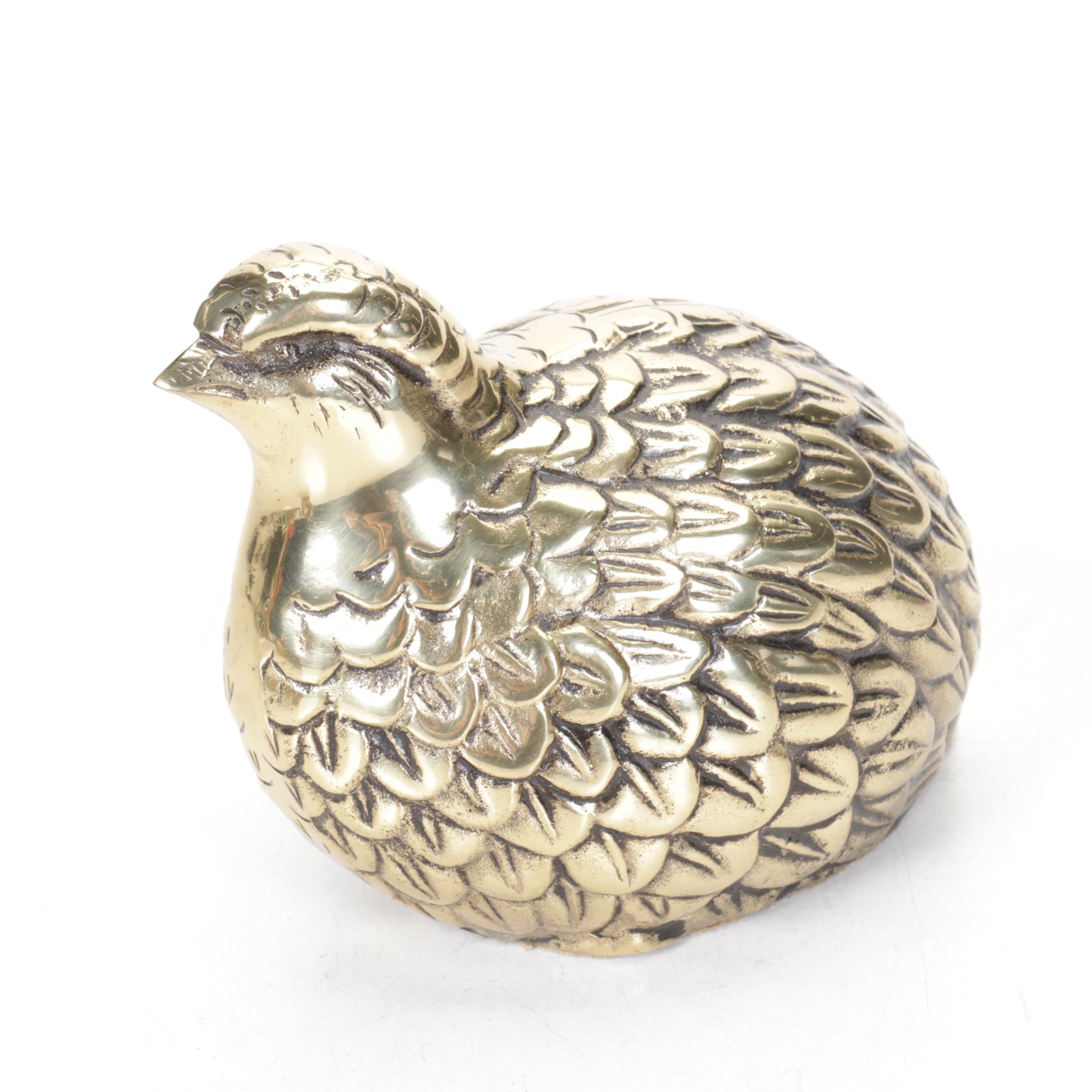 Mid Century Modern Brass Quail Family Figural Paperweights