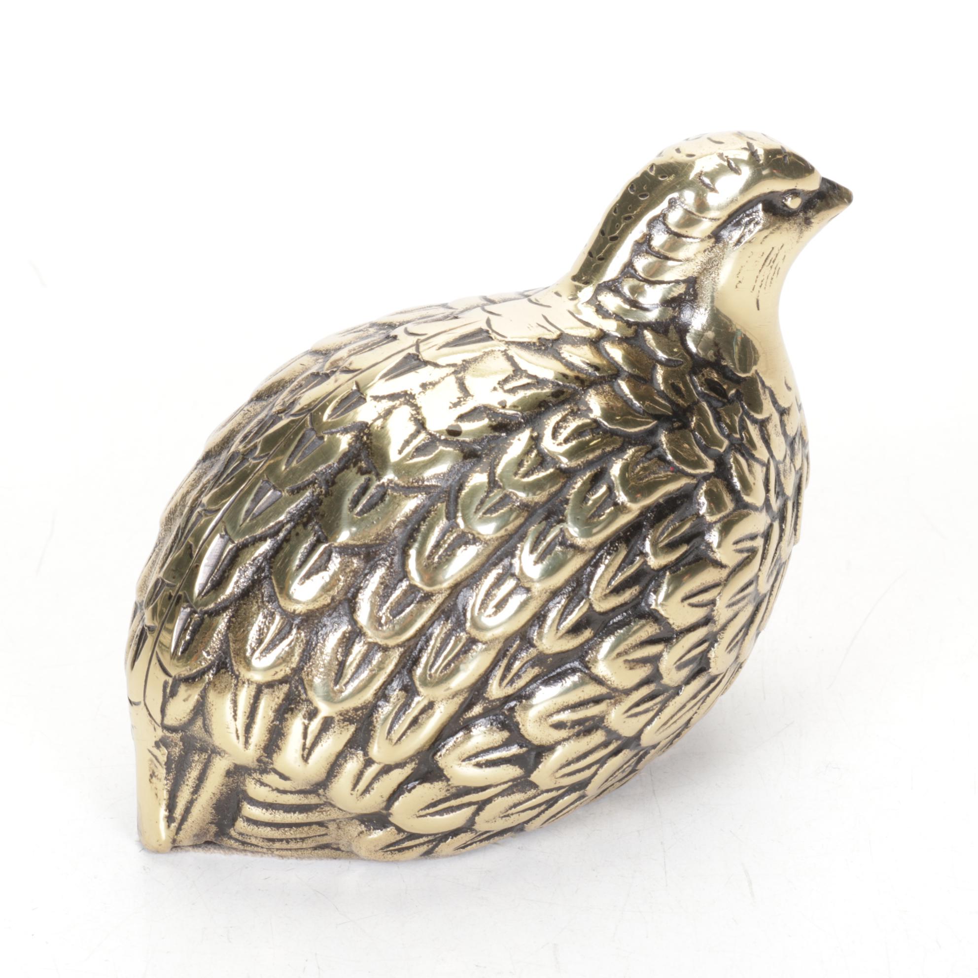 Mid Century Modern Brass Quail Family Figural Paperweights