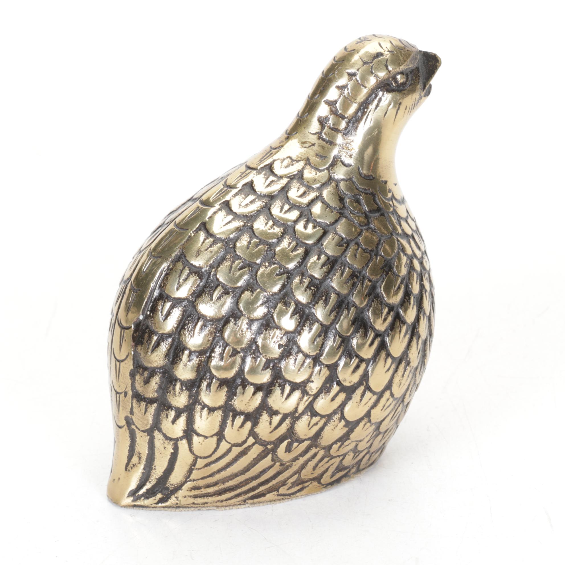 Mid Century Modern Brass Quail Family Figural Paperweights