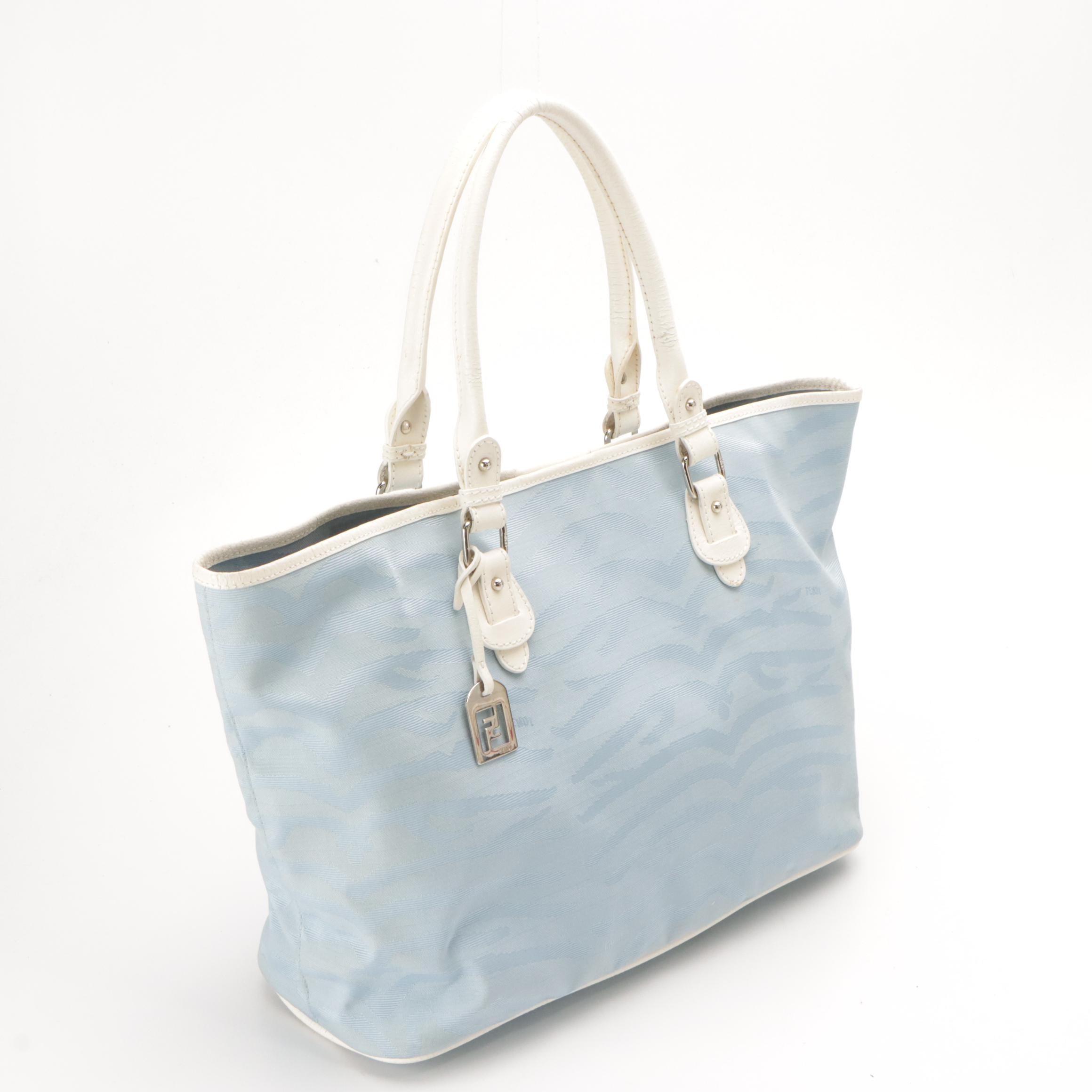 Fendi Baby Blue Zebra Nylon Jacquard Shoulder Tote with White Leather Trim