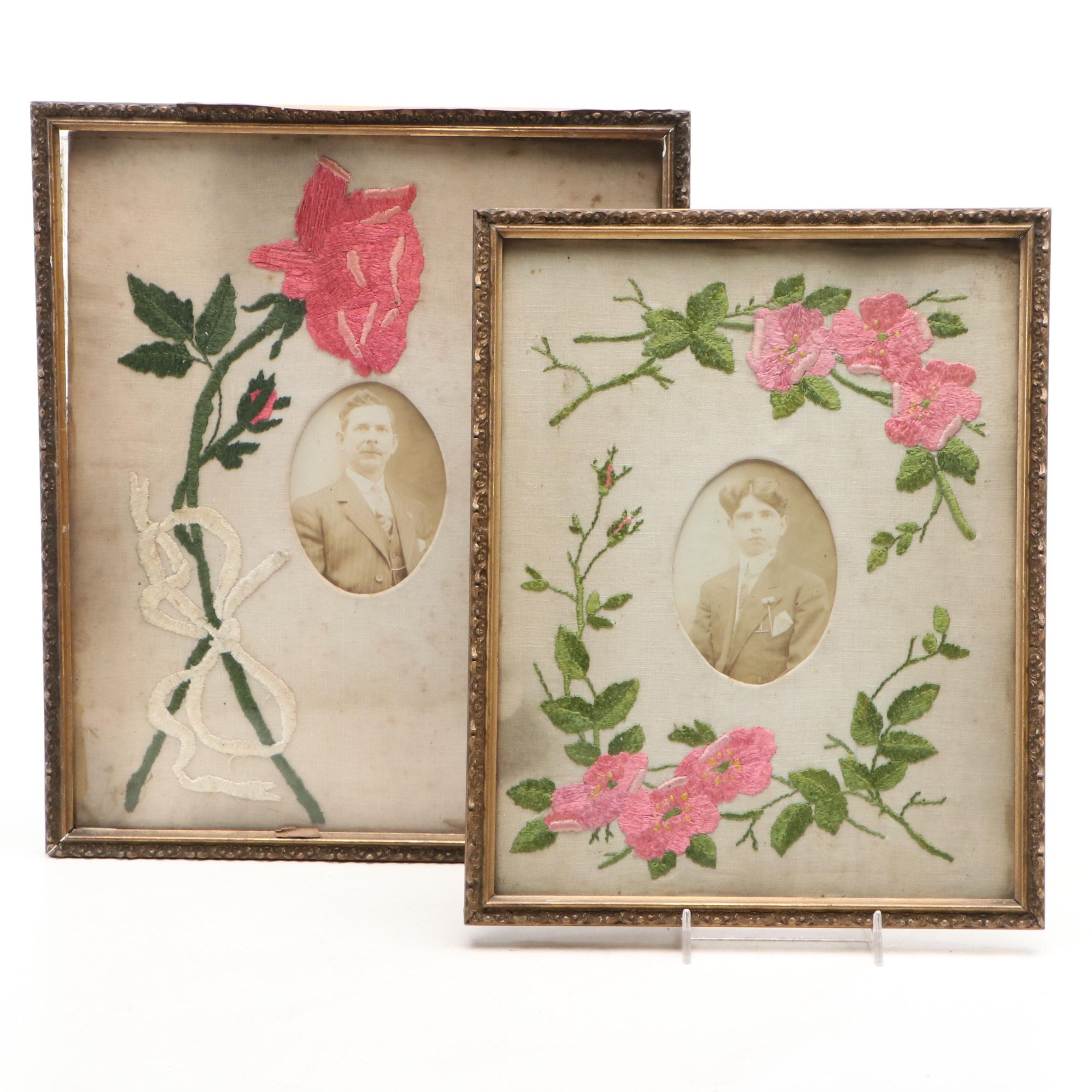 Floral Embroidered Picture Frames with Portraits of Men, Early 20th Century