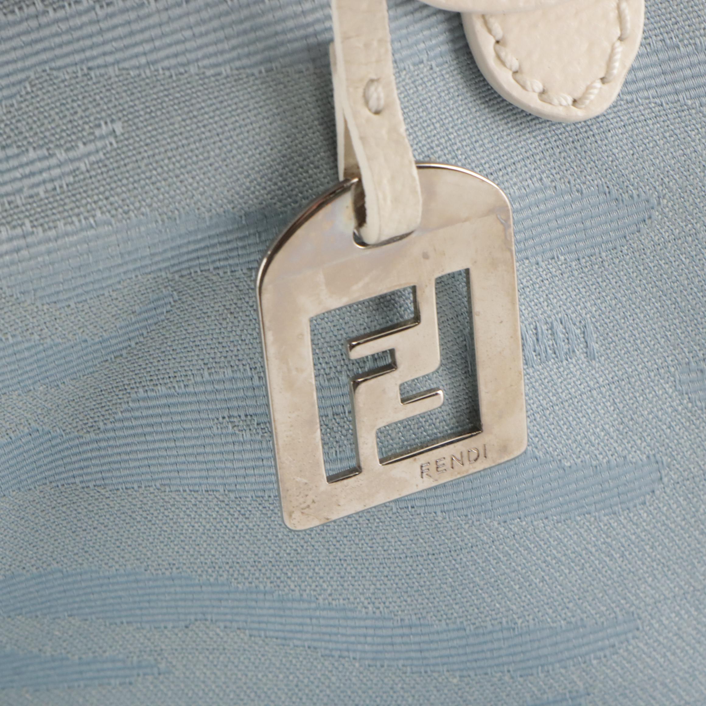Fendi Baby Blue Zebra Nylon Jacquard Shoulder Tote with White Leather Trim