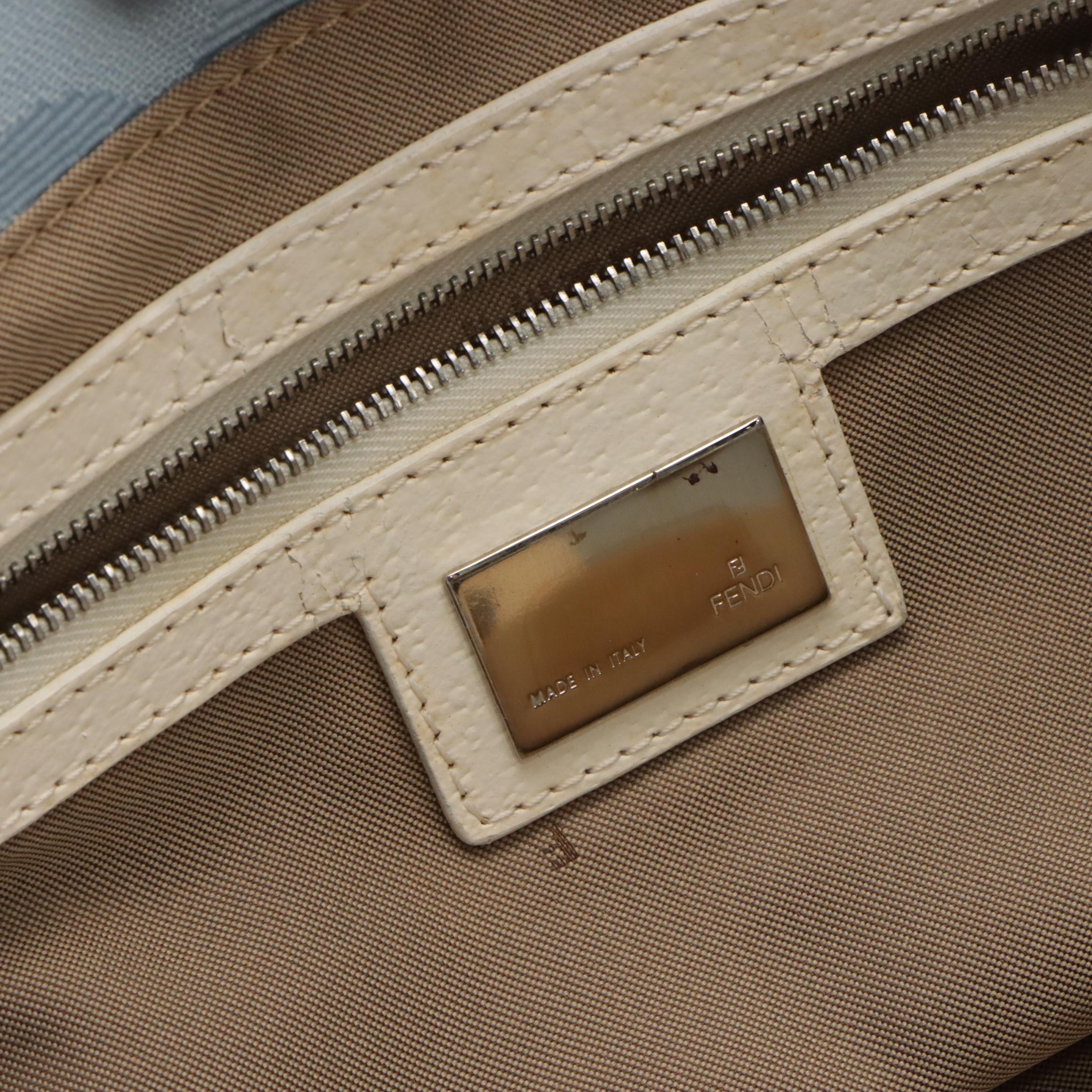 Fendi Baby Blue Zebra Nylon Jacquard Shoulder Tote with White Leather Trim