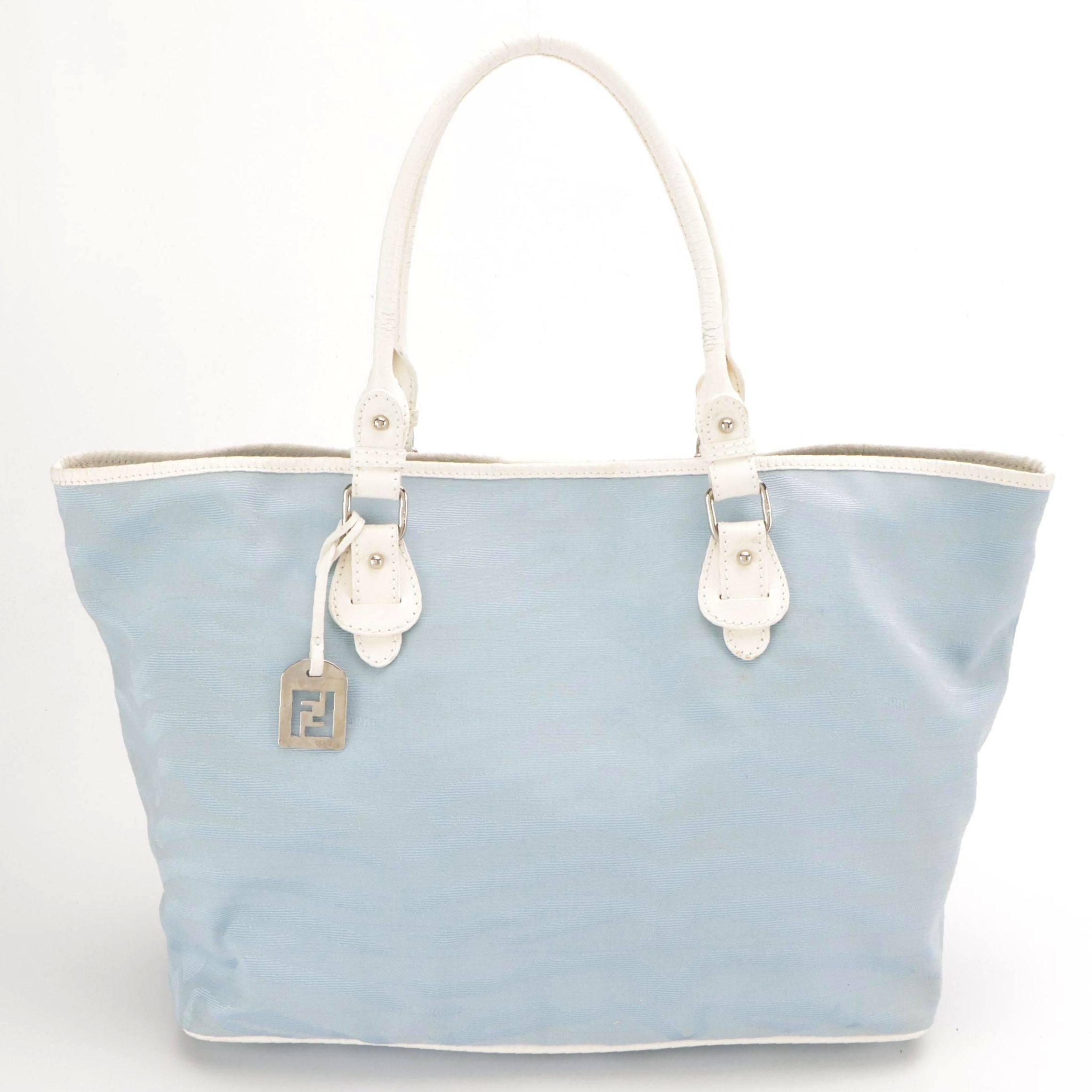 Fendi Baby Blue Zebra Nylon Jacquard Shoulder Tote with White Leather Trim