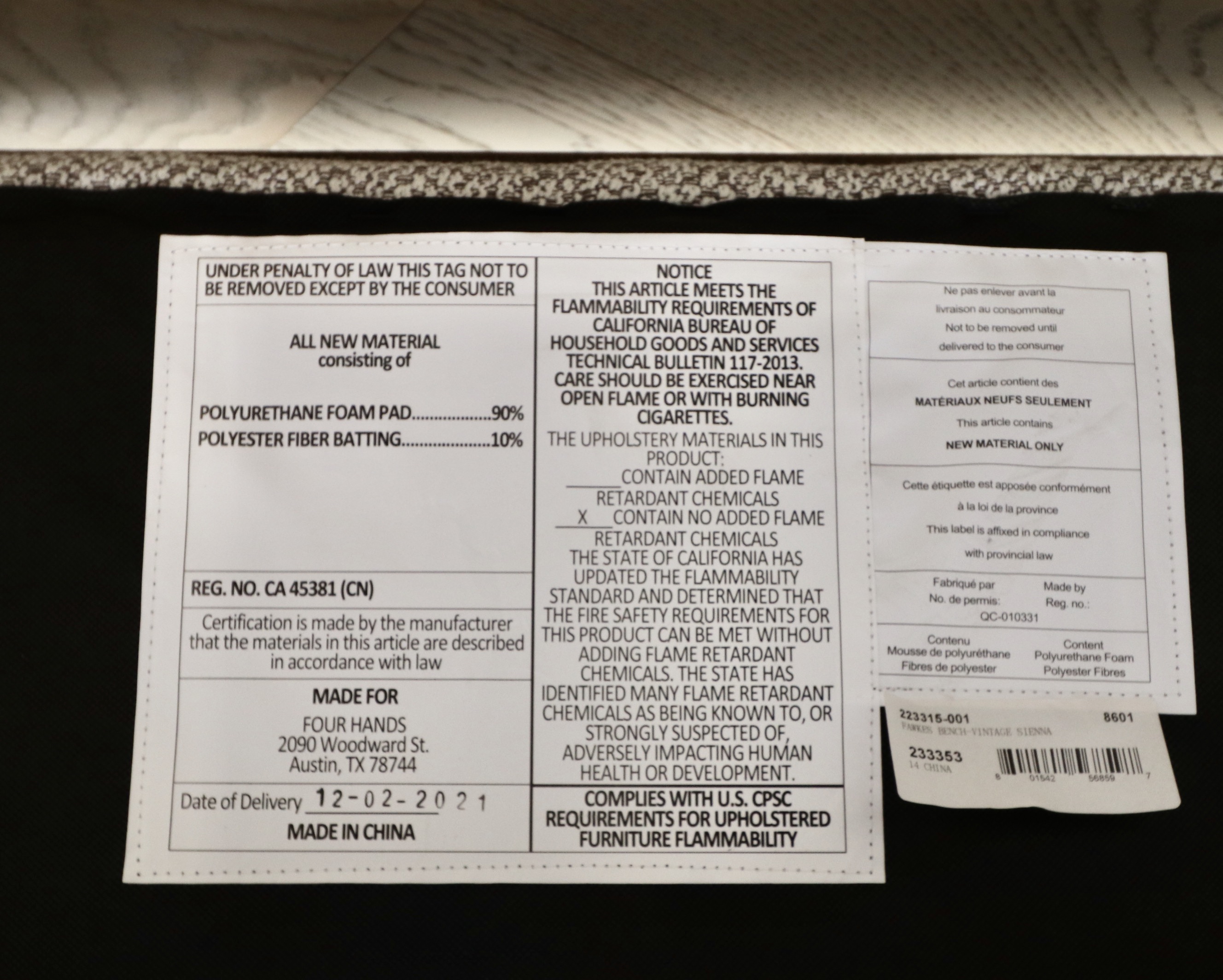 Four Hands Fawkes Upholstered Bench with Sliding Table