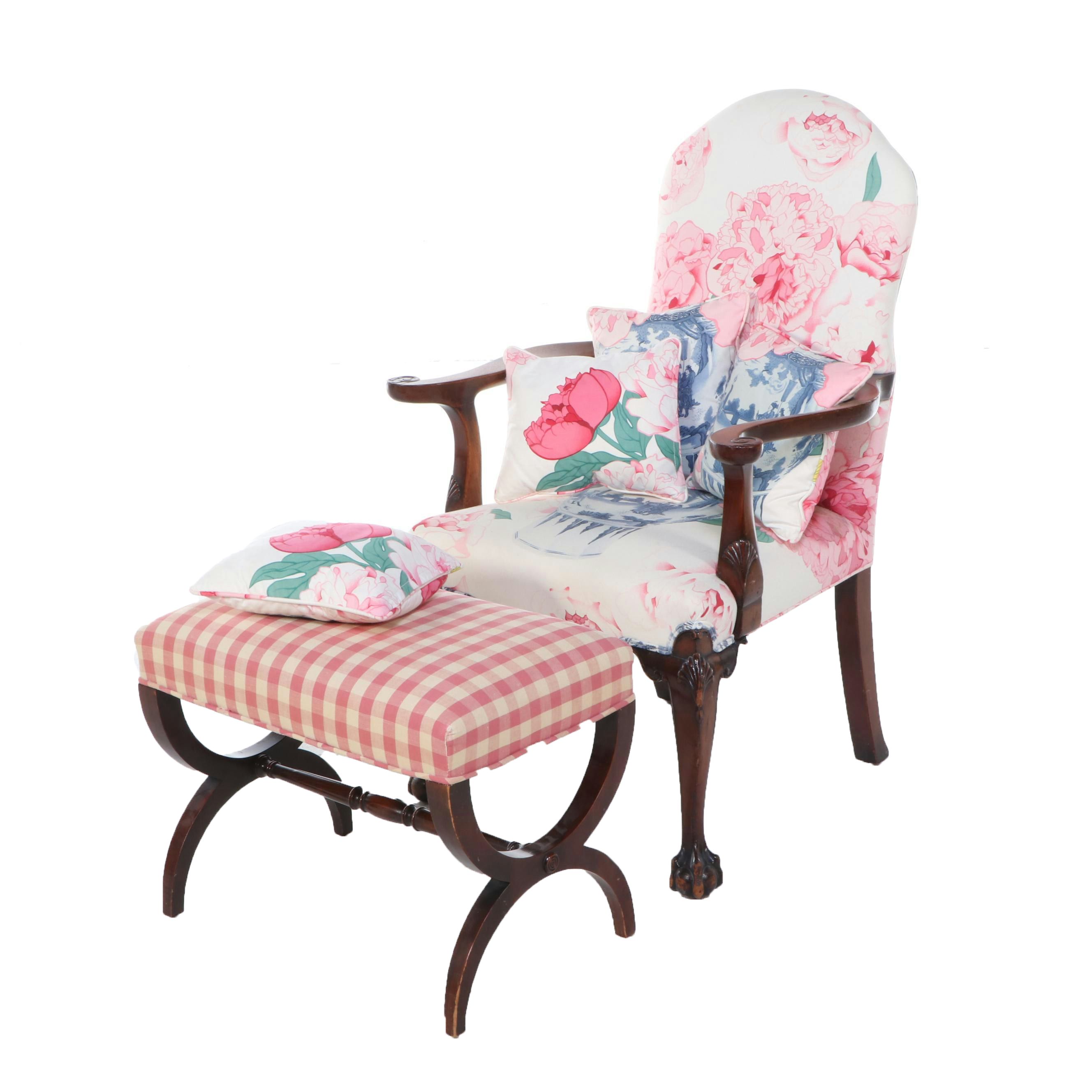 Chippendale Style Armchair with Ottoman, Late 20th Century