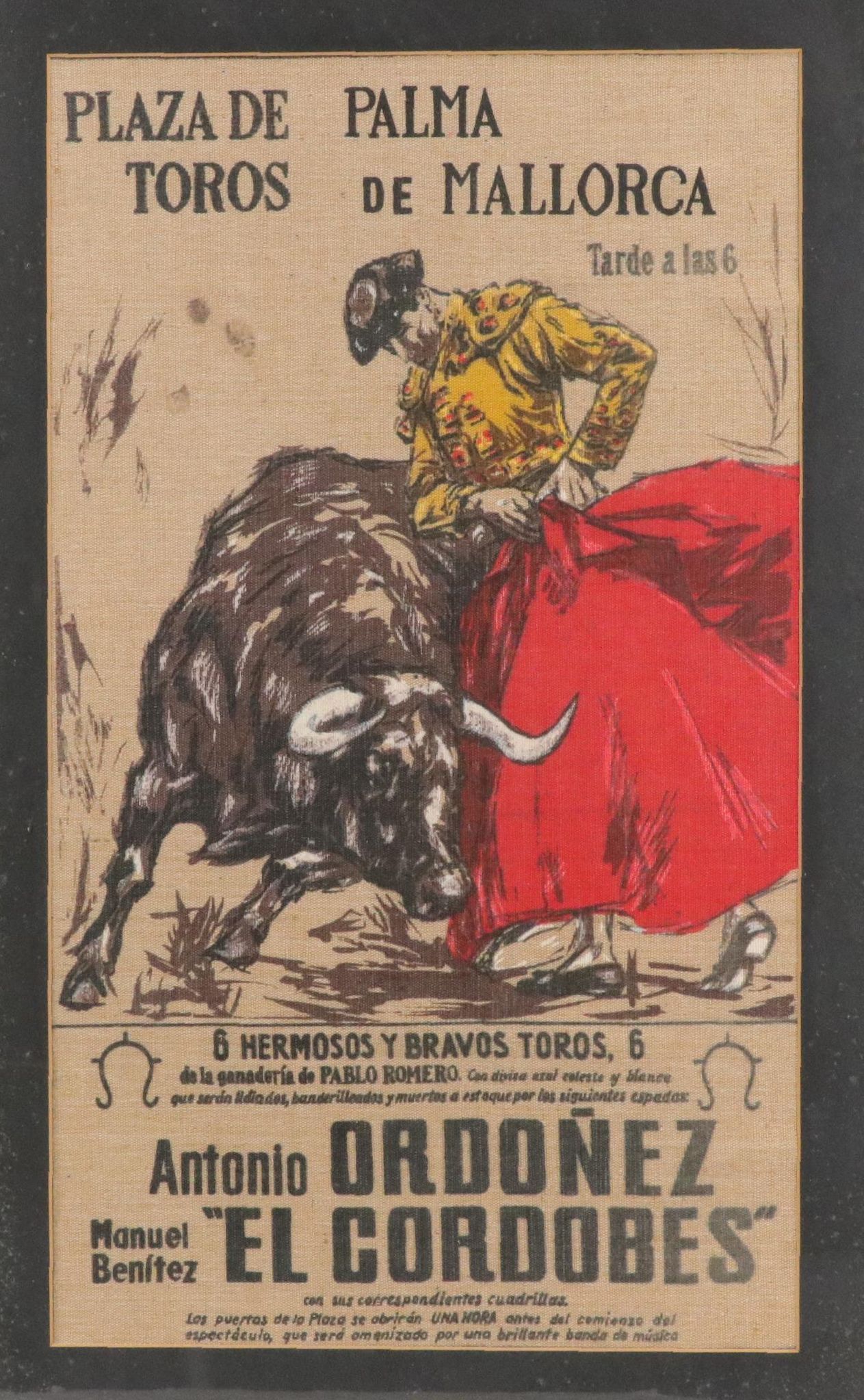 Linen Textile of Bull Fighting Poster "Plaza de Palma Toros de Mallorca"