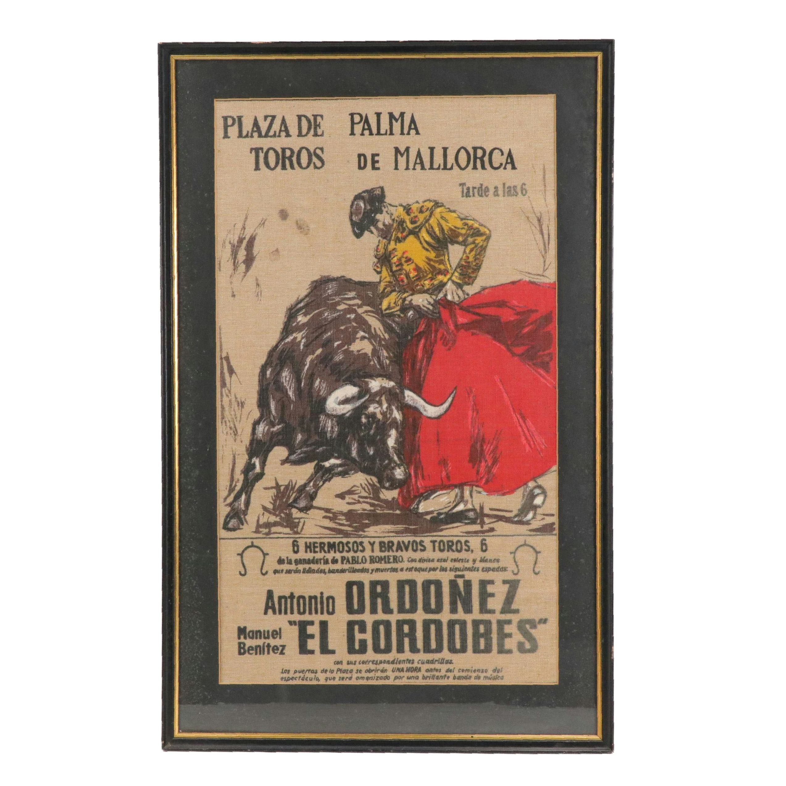 Linen Textile of Bull Fighting Poster "Plaza de Palma Toros de Mallorca"