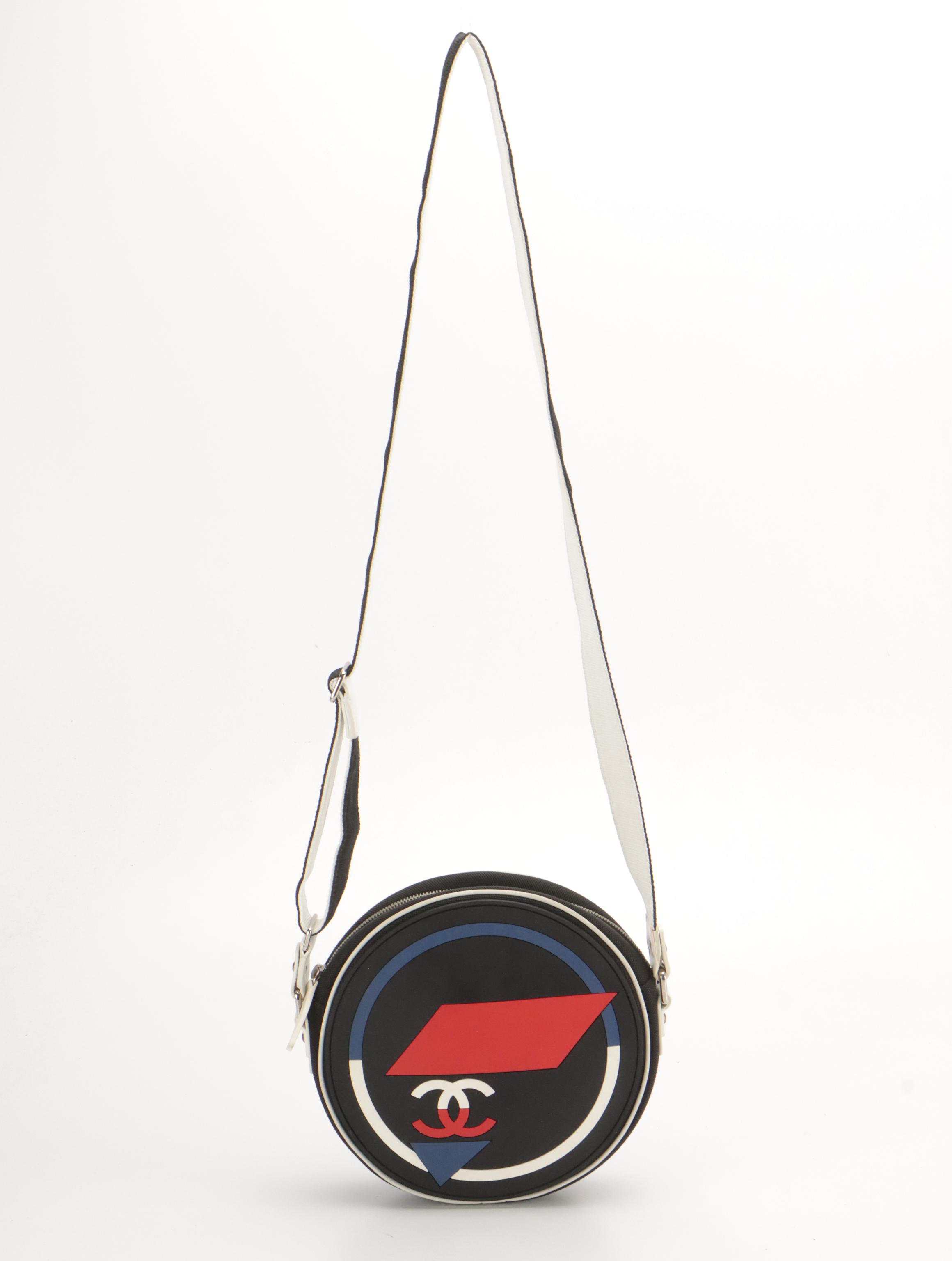 Chanel Airlines Round Crossbody Bag in Multicolored Rubber & Black Toile Canvas