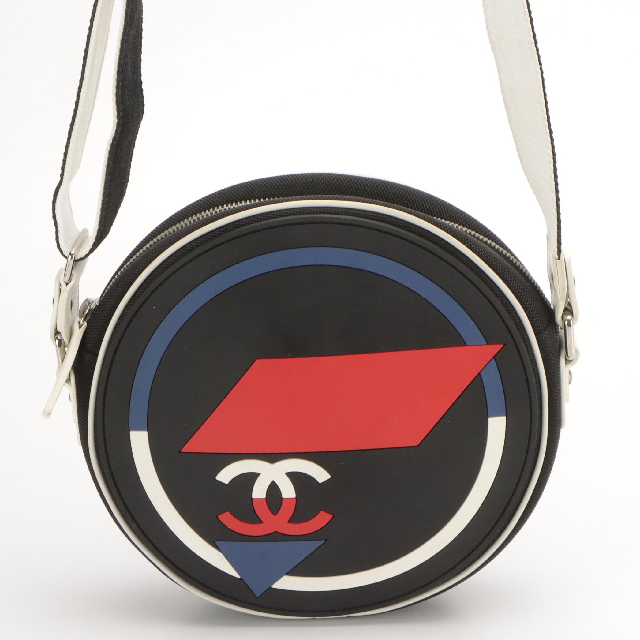 Chanel Airlines Round Crossbody Bag in Multicolored Rubber & Black Toile Canvas