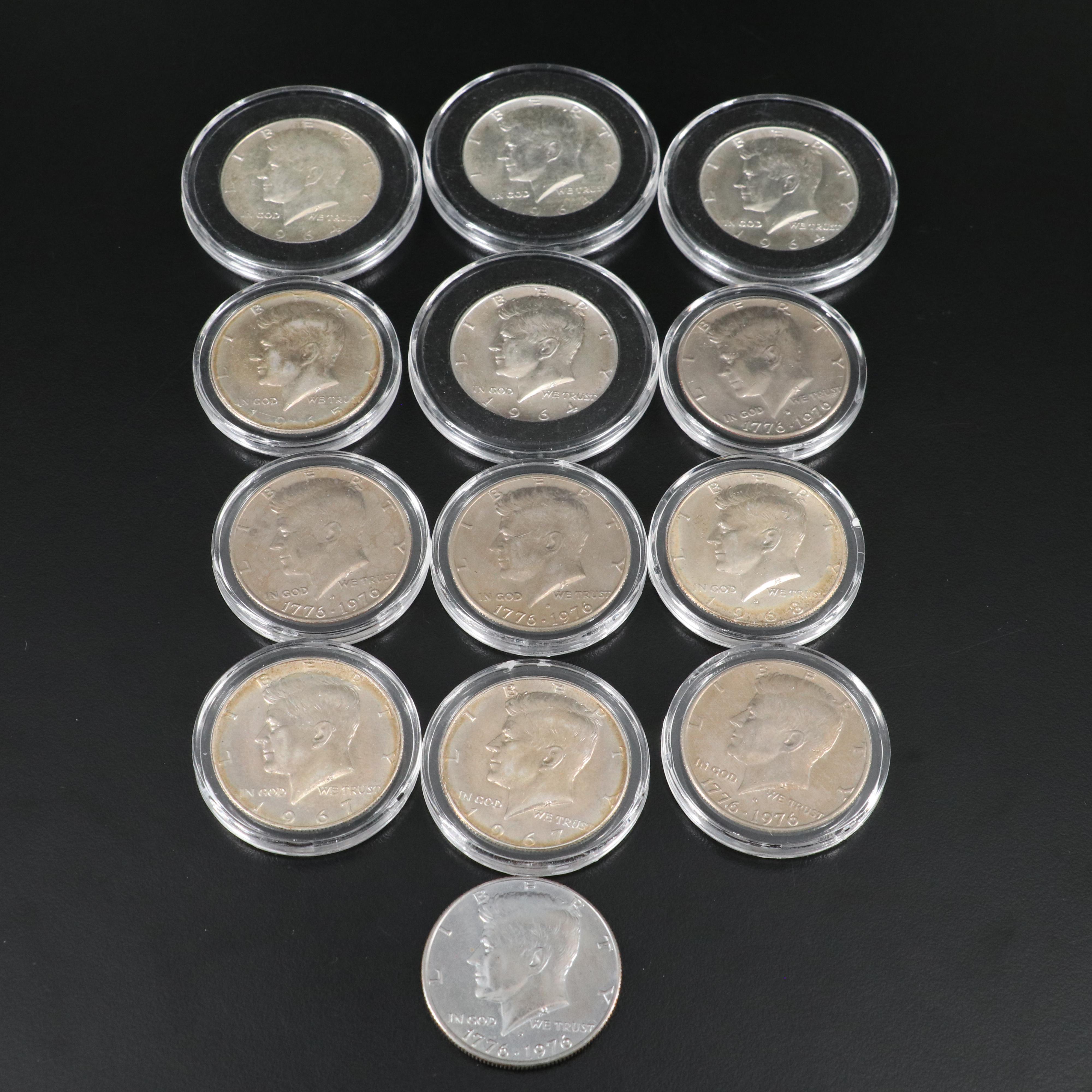 Thirteen Kennedy Half Dollars, Including Silver and Bicentennial