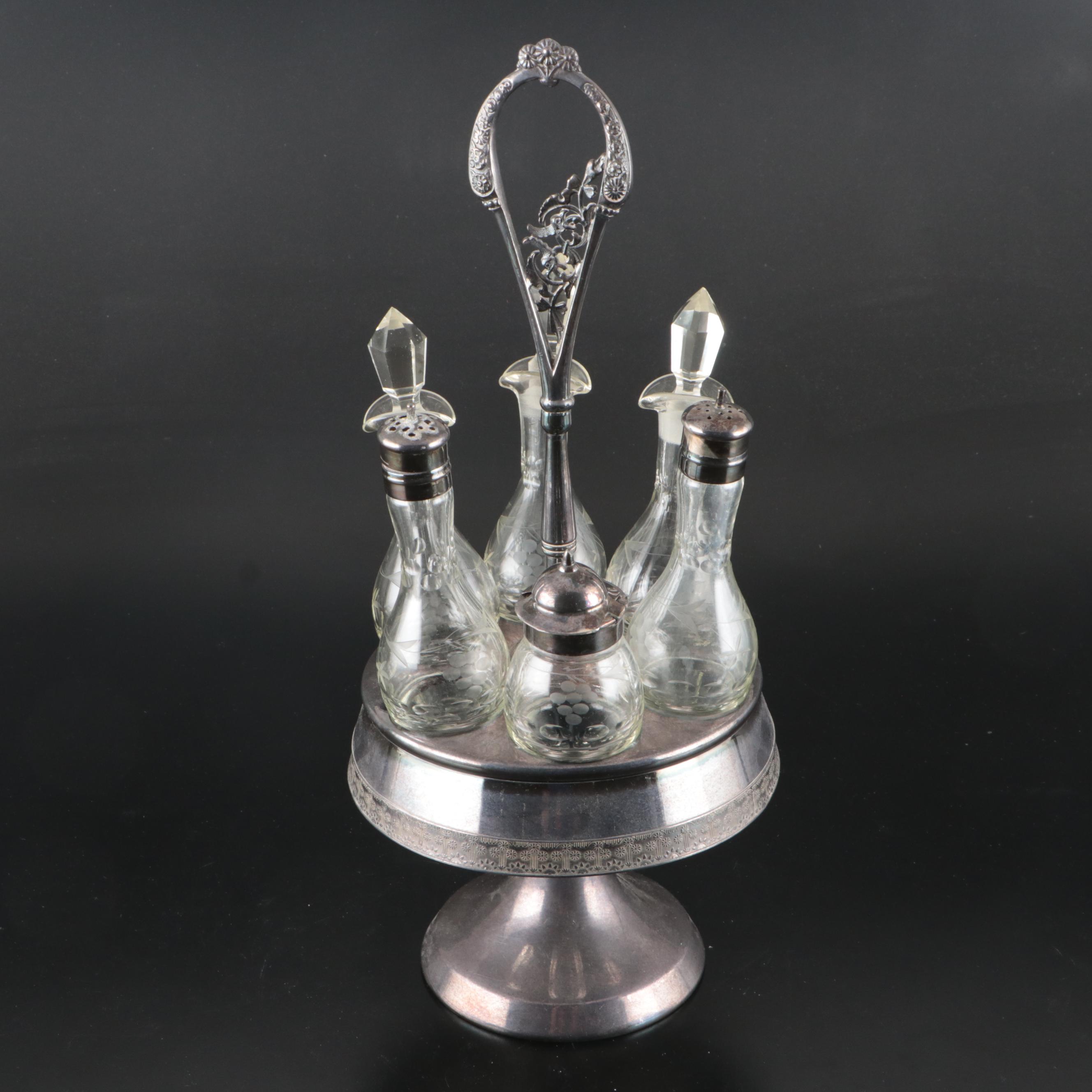 Etched Glass Cruet Set and Shakers with Silver Plate Rotating Holder