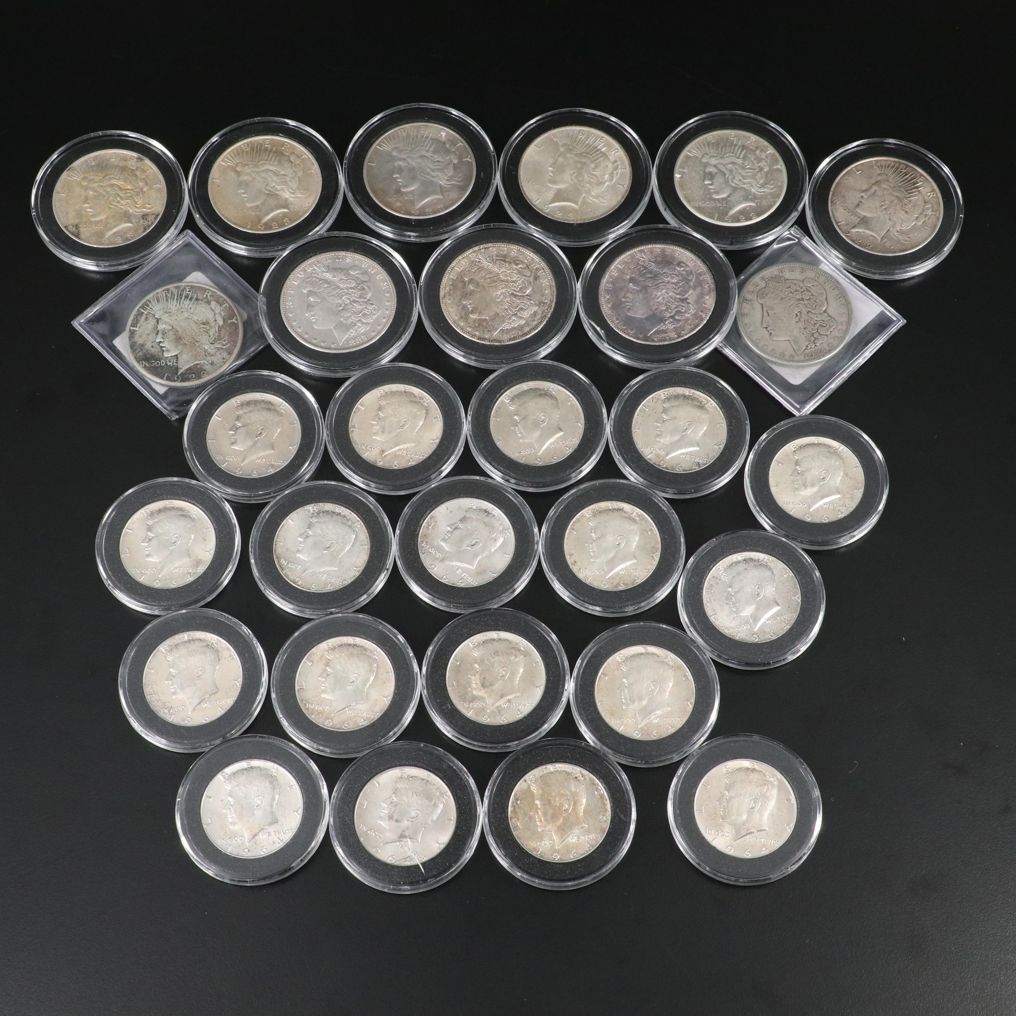 Twenty-Nine U.S. Silver Coins, Peace and Morgan Dollars, Kennedy Silver Halves