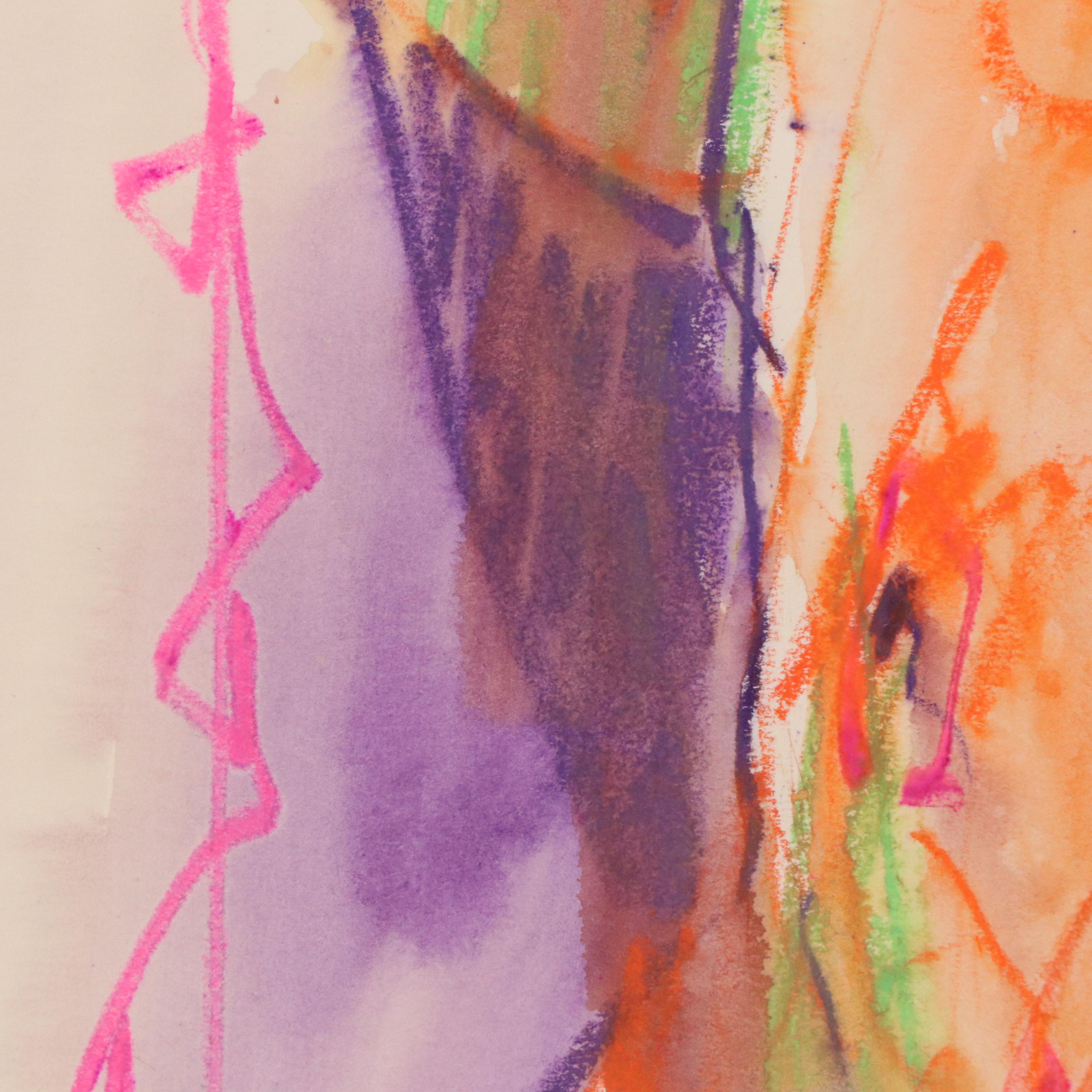 Jack Meanwell Watercolor and Oil Pastel Drawing: Modern Figural, Late 20th C.