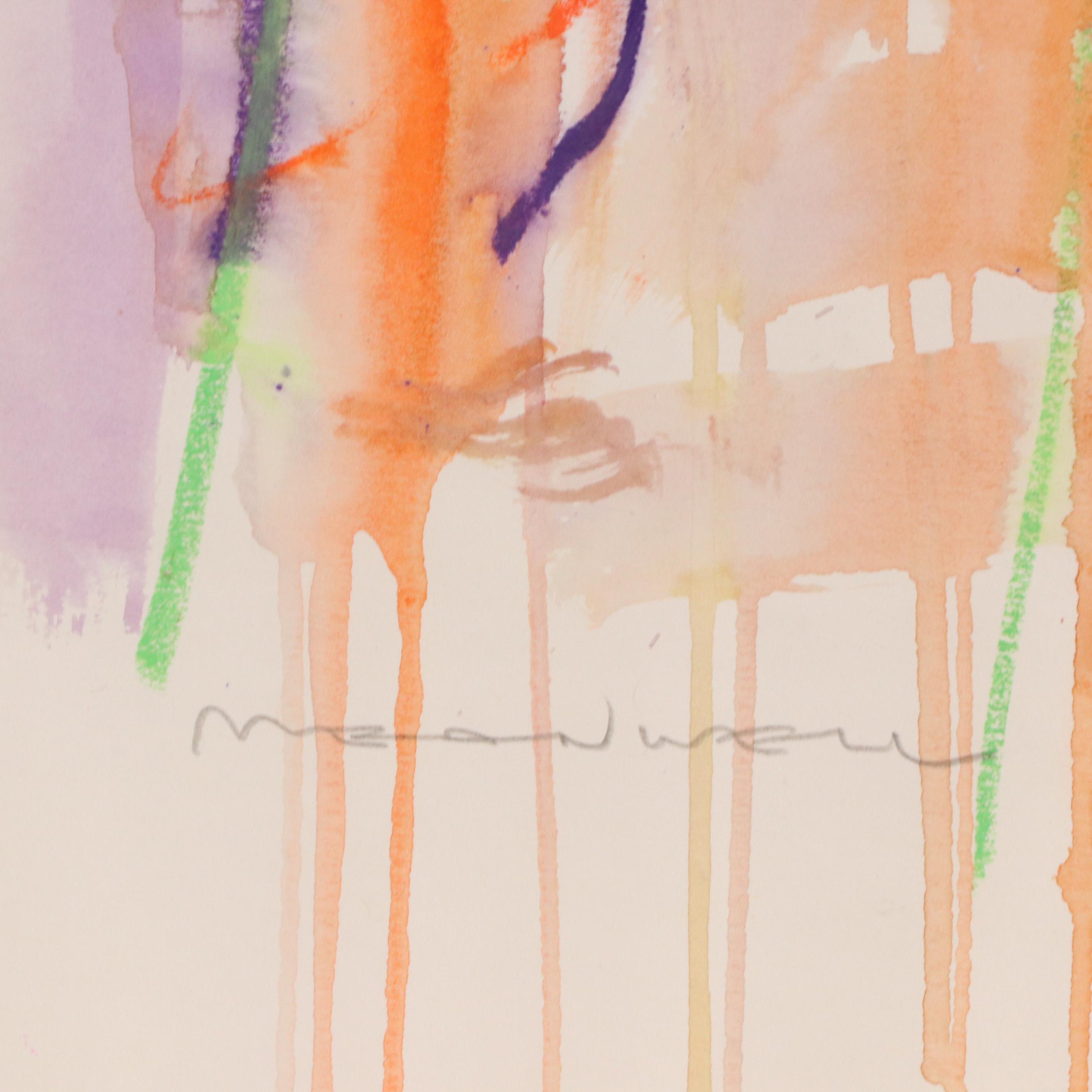 Jack Meanwell Watercolor and Oil Pastel Drawing: Modern Figural, Late 20th C.