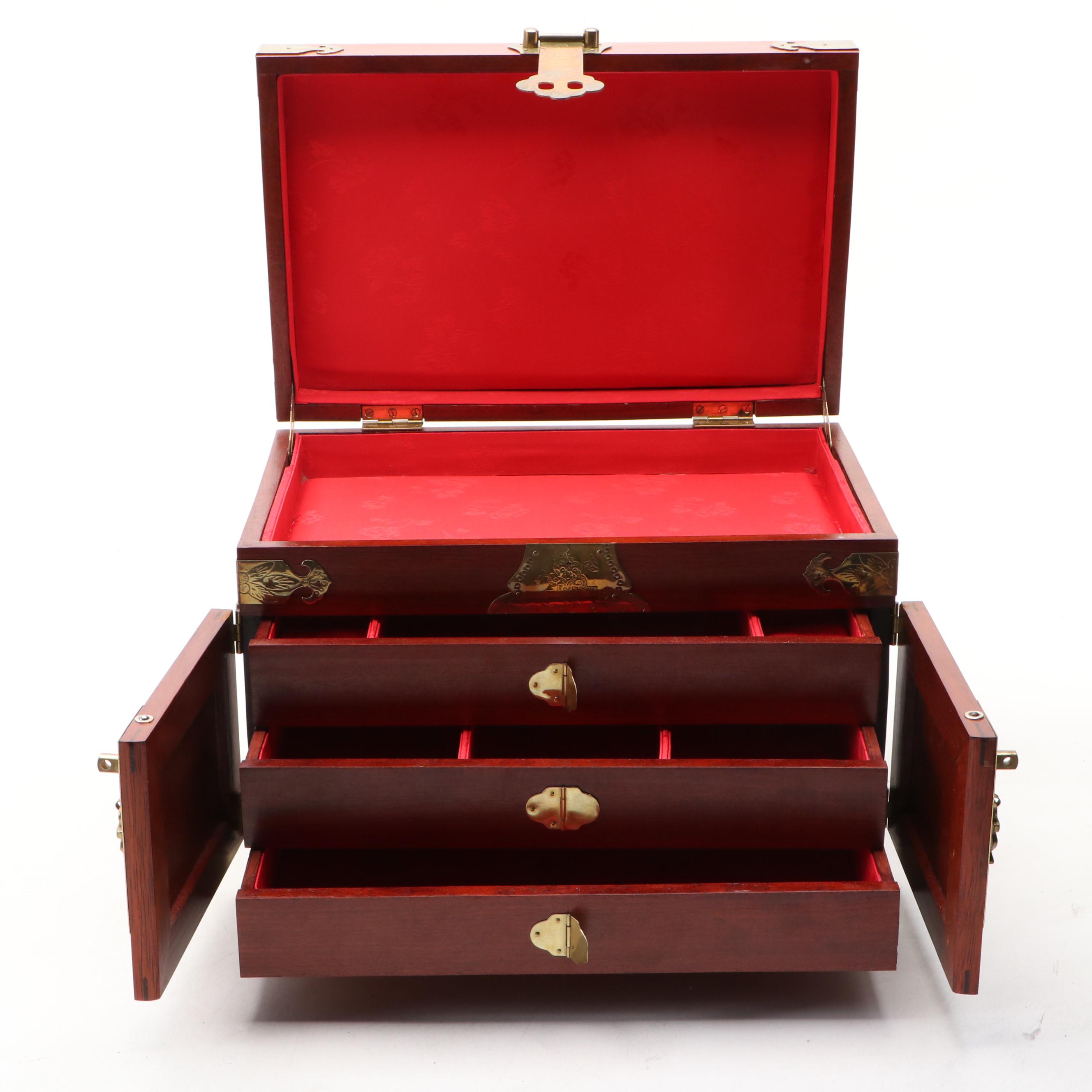 Chinese Style Brass Mounted Wooden Jewelry Box