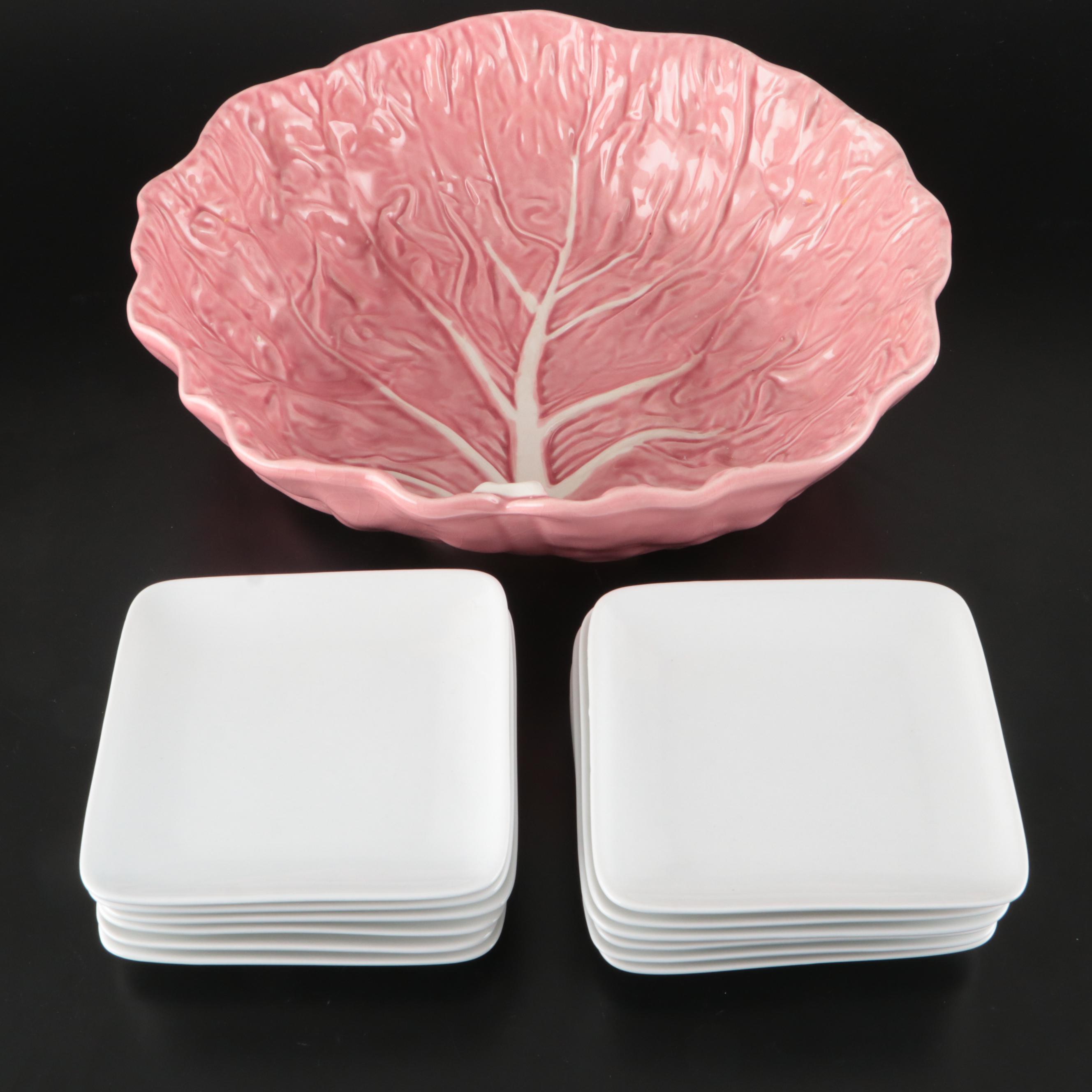 Bordallo Pinheiro Majolica Pink Cabbage Bowl with Crate & Barrel Ceramic Plates